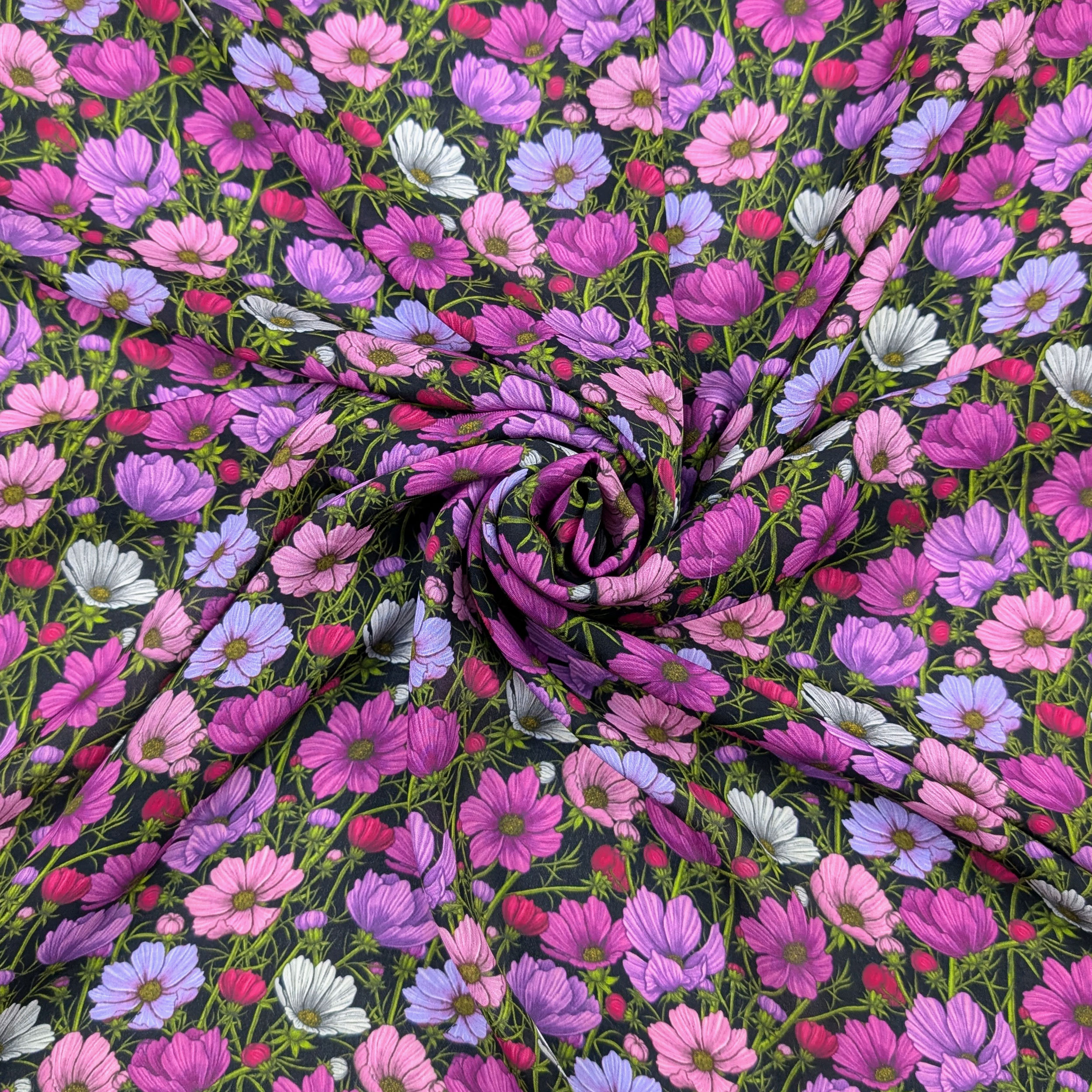 Georgette Pura Seta Fiori Rosa e Lilla Image