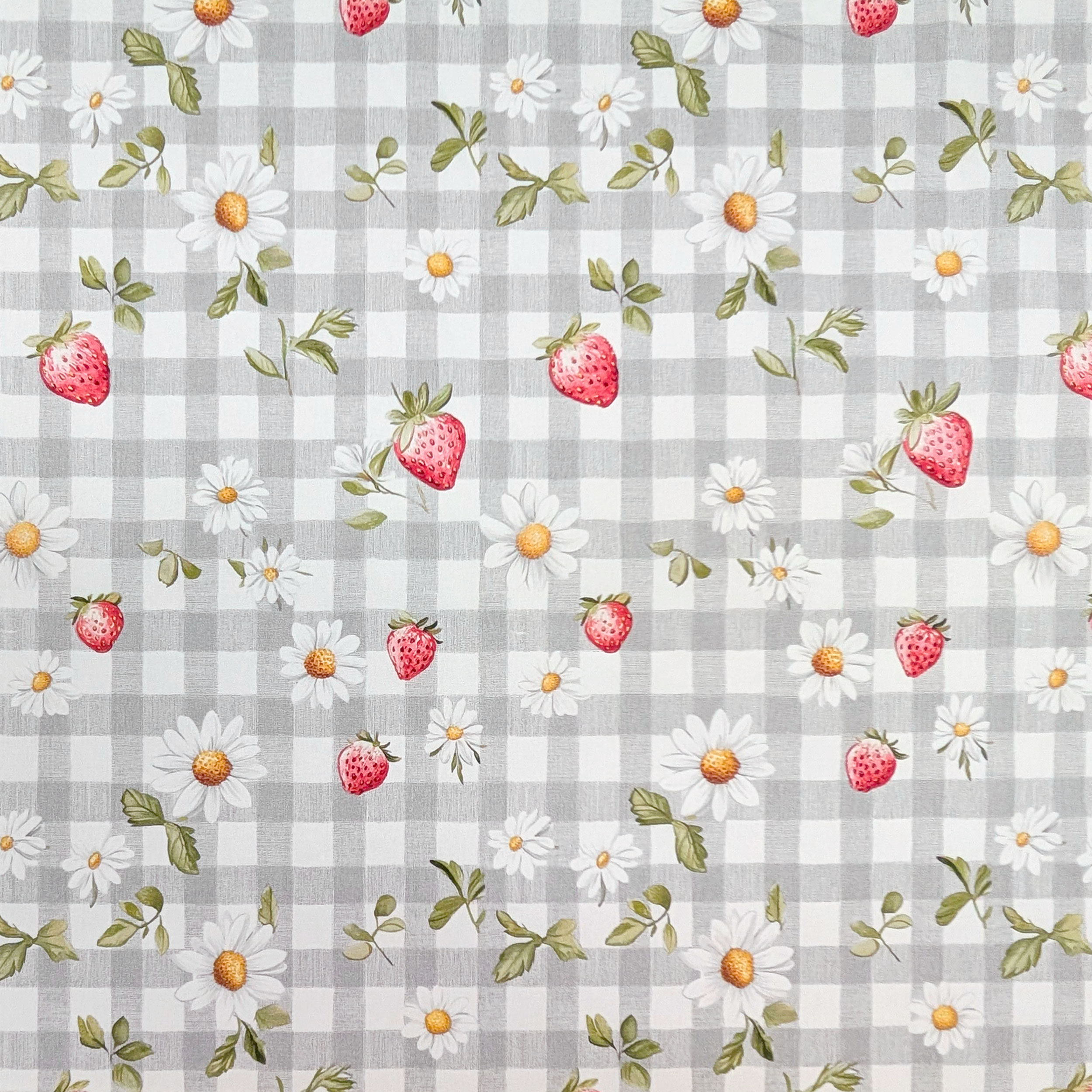 Popeline Cotone Quadretti Grigi e Fragole Image