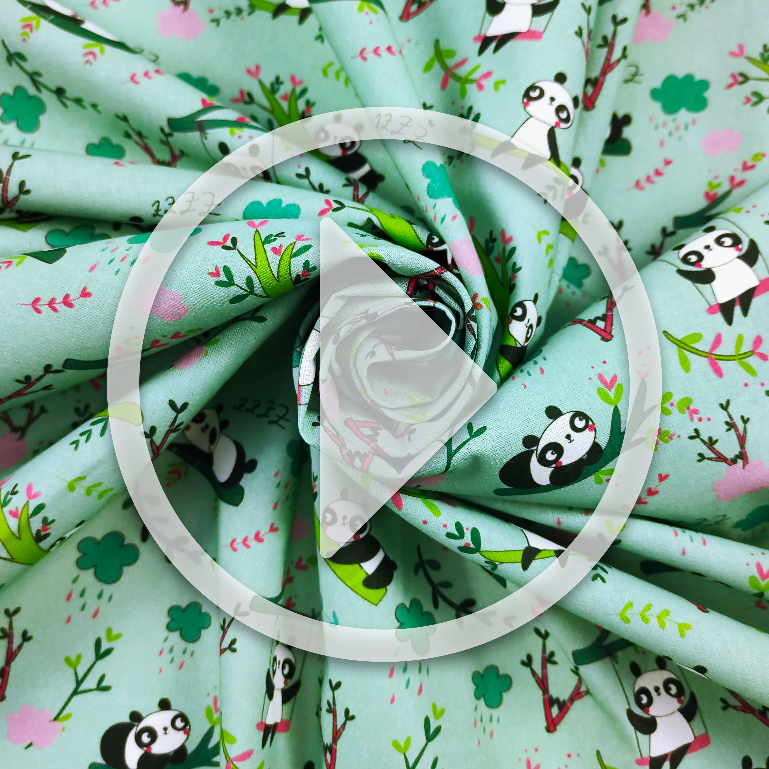 Ritaglio Cotone Panda Piccoli Sfondo Verde Menta 50x150 cm Image