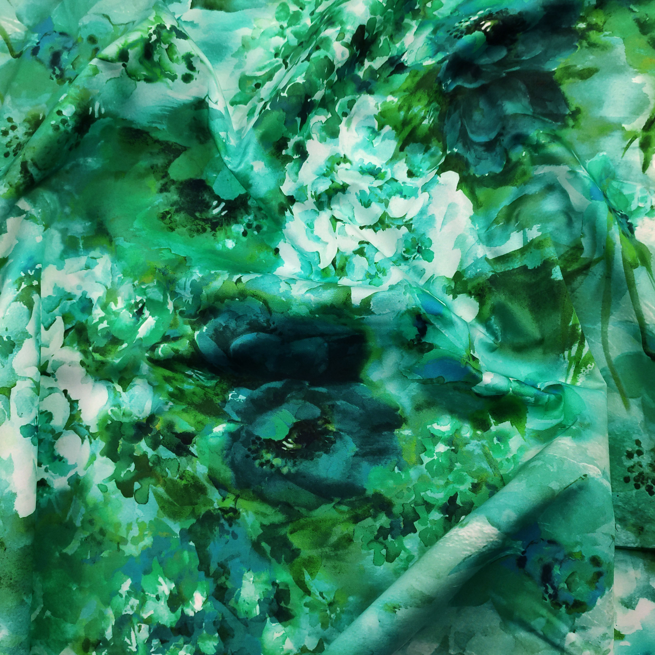 Cotone Elasticizzato Fantasia Fiori Dipinti Verde