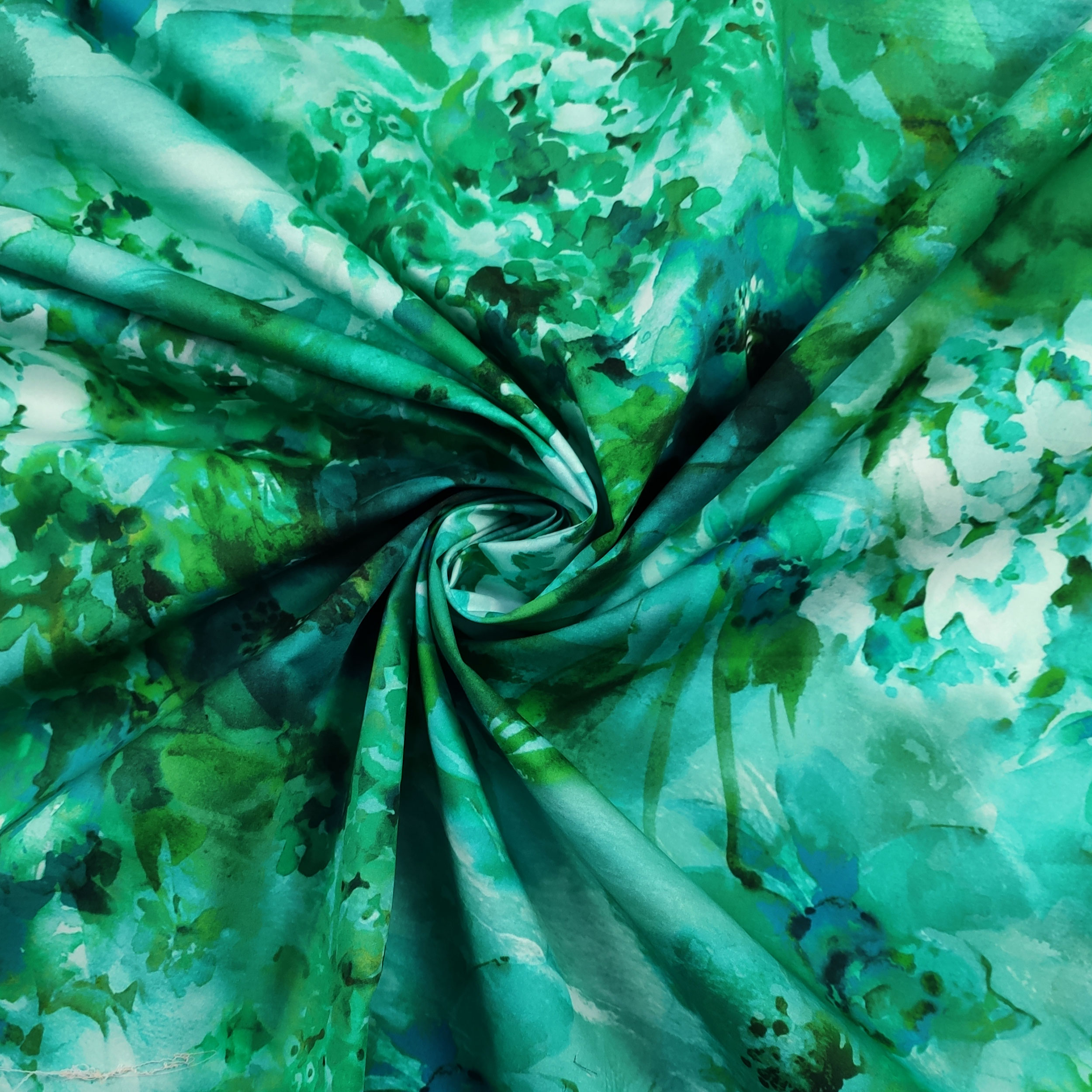 Cotone Elasticizzato Fantasia Fiori Dipinti Verde