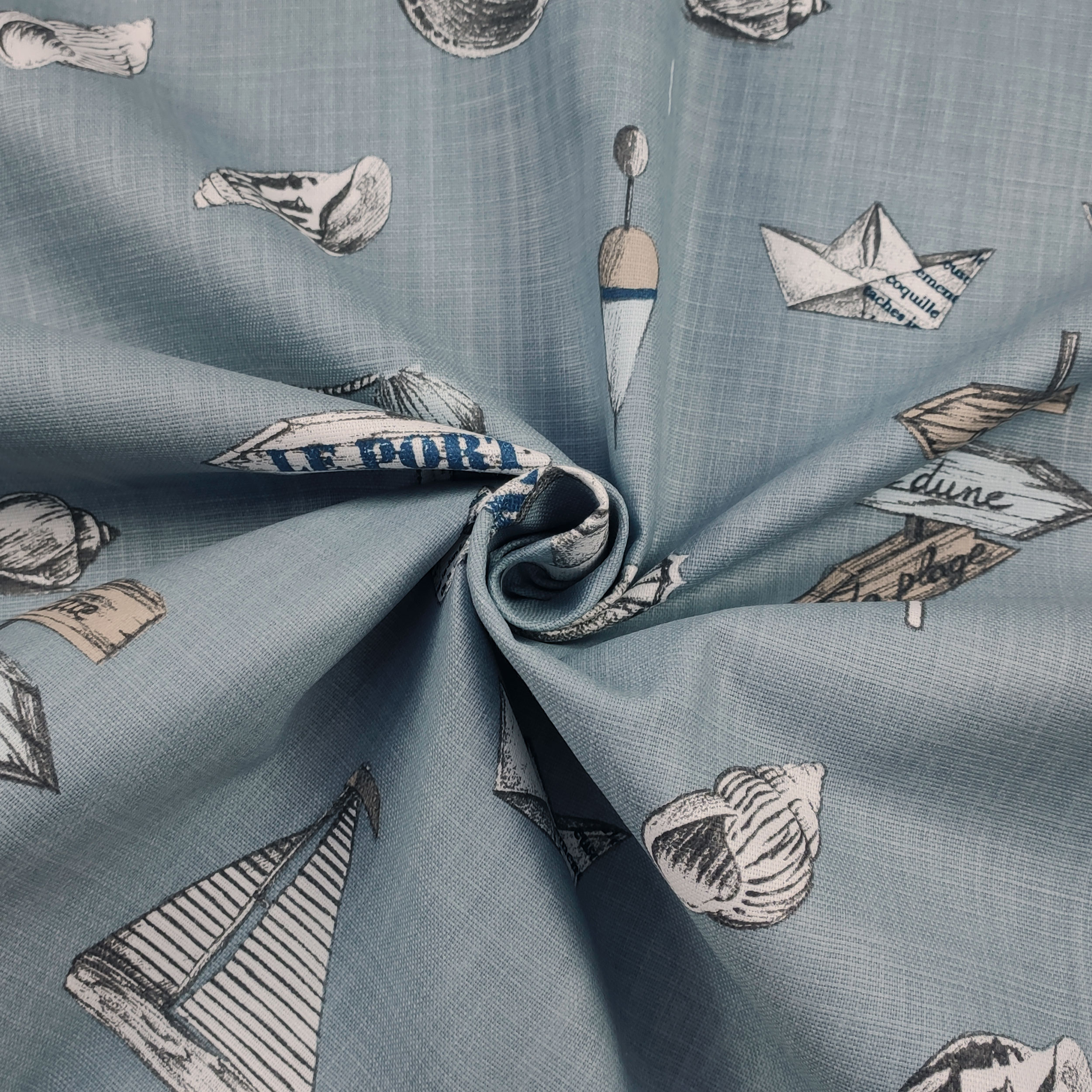 Cotone e Lino Barche e Conchiglie Sfondo Celeste