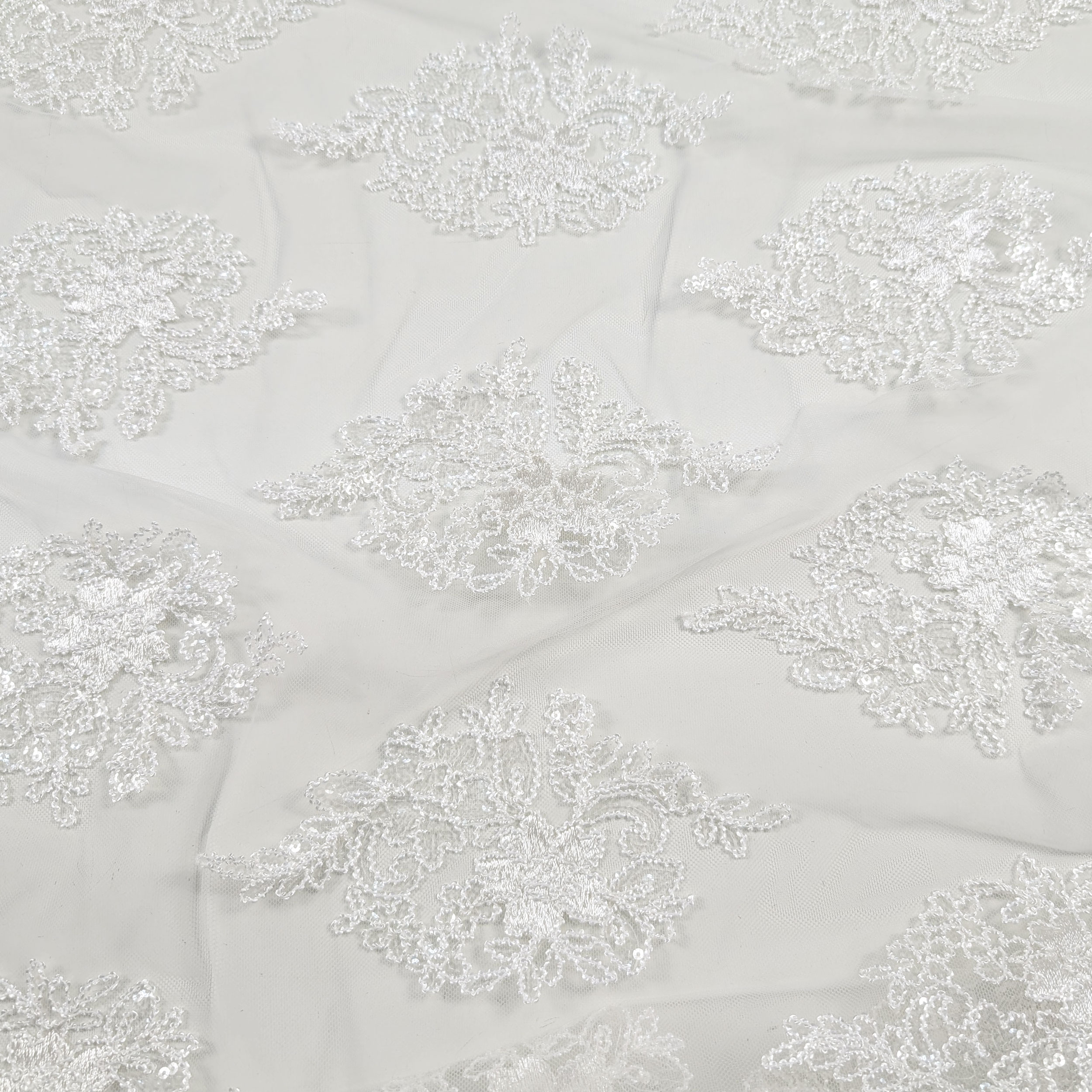 Tessuto Tulle Ricamo Paillettes Doppio Smerlo Bianco Image