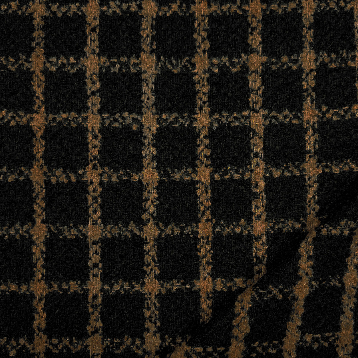tessuto cappotto lana bouclè quadro cammello nero