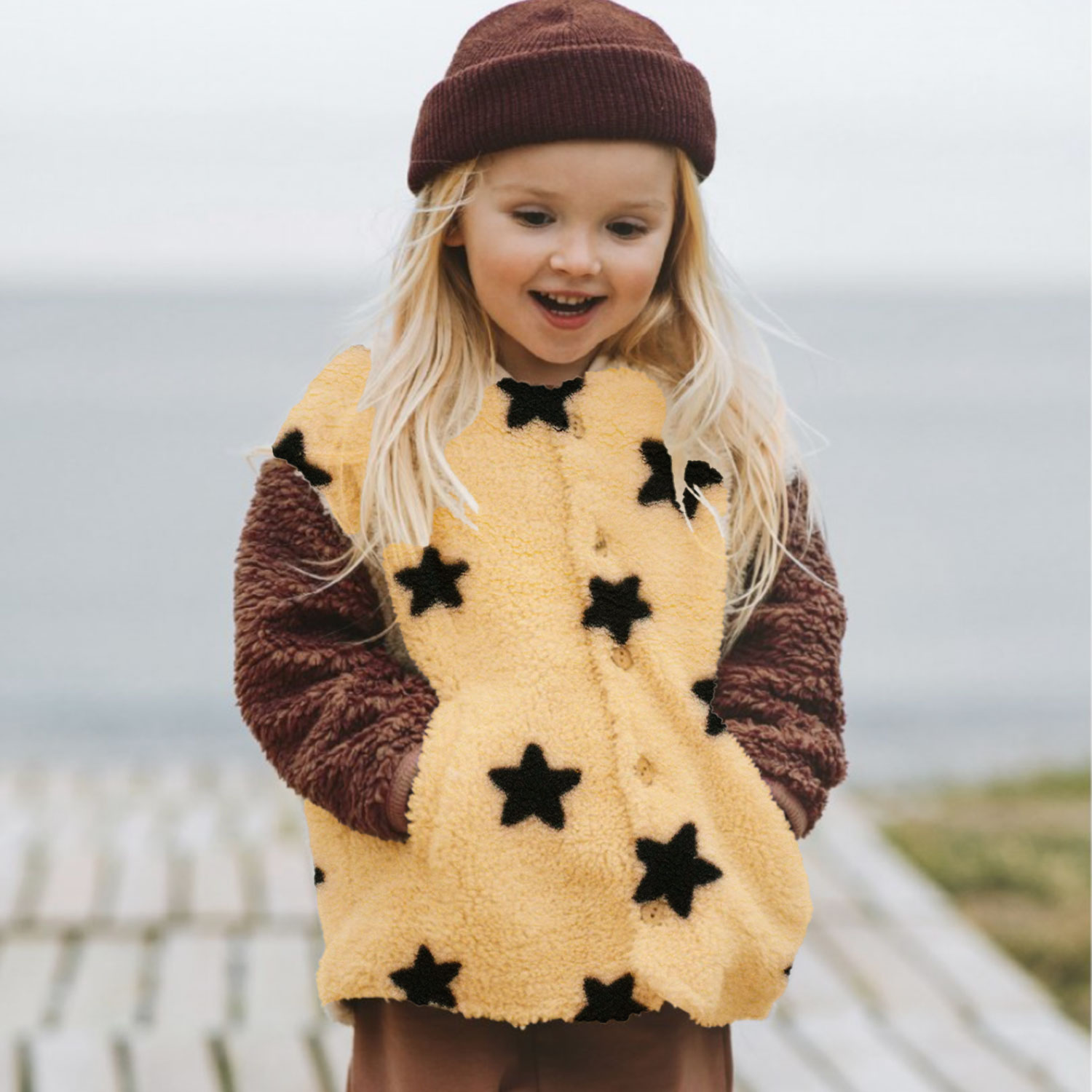 Tessuto Sherpa Beige Stelle Nere