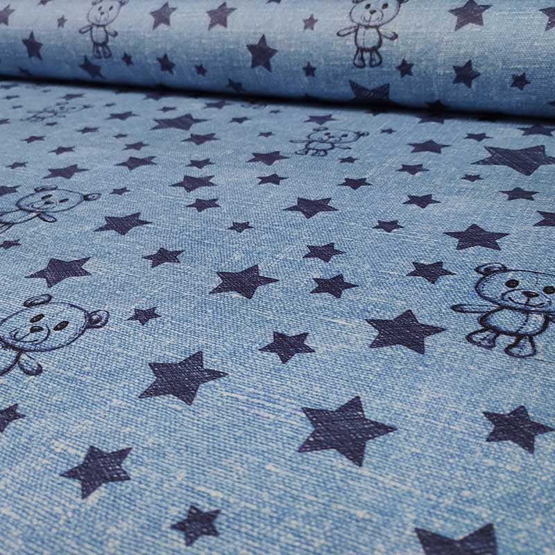 Tessuto Rasatello Tipo Jeans Cotone Orsetti e Stelle