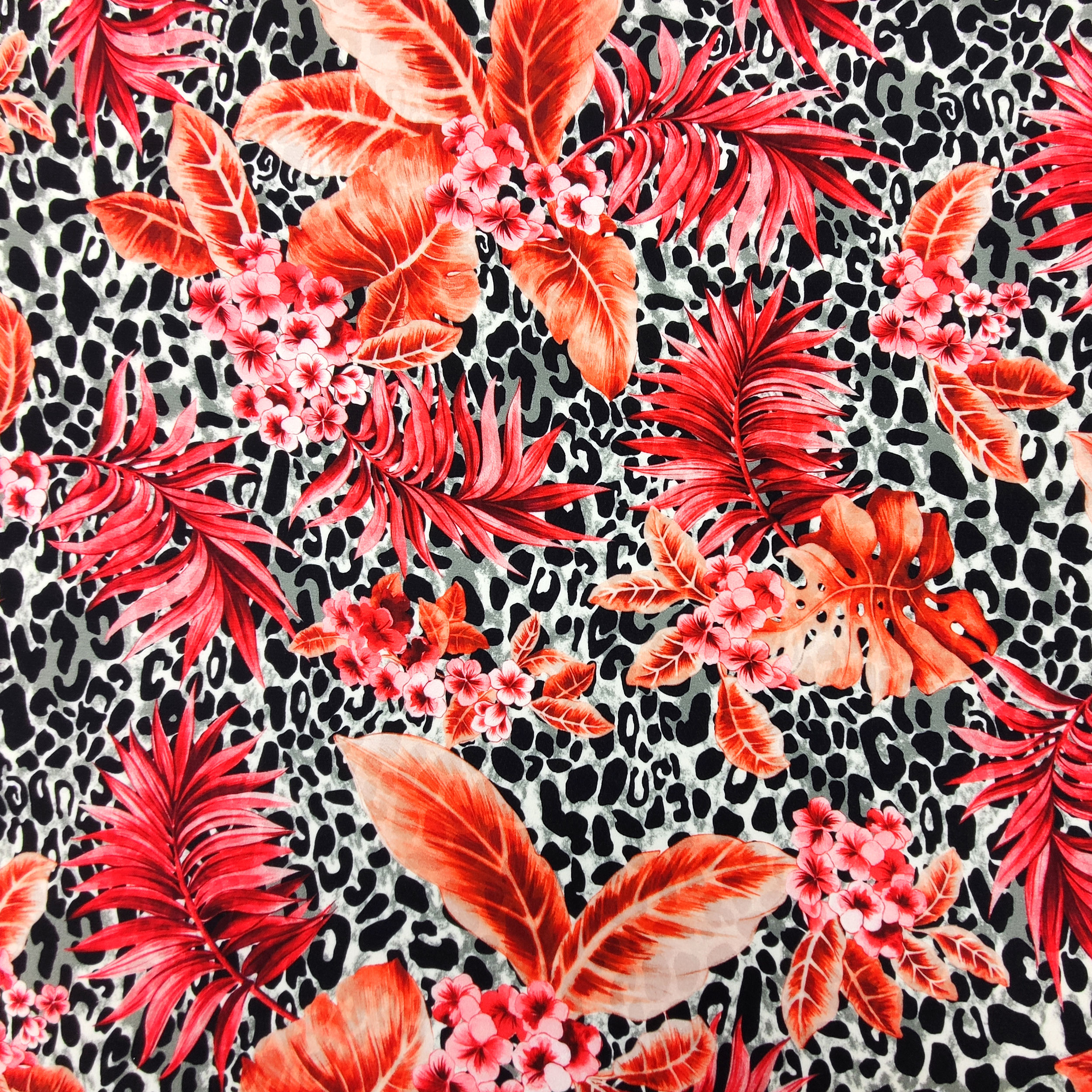 Tessuto Viscosa Fantasia Fiori Tropicali Rosso