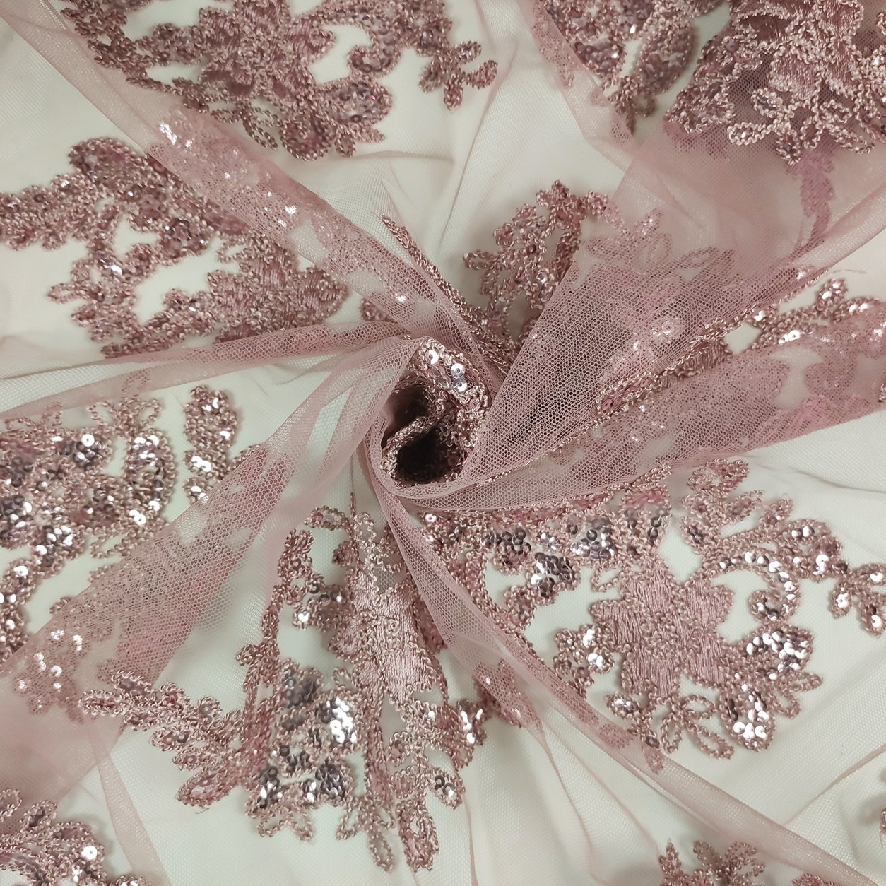 Tessuto Tulle Ricamo Paillettes Doppio Smerlo Rosa Antico Panini