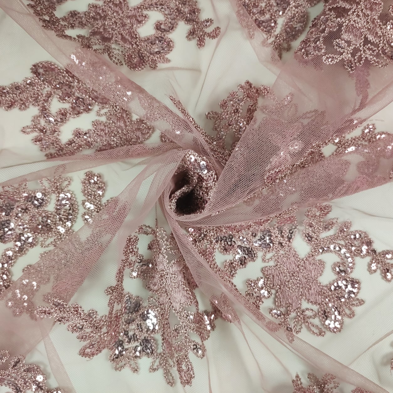 Tessuto Tulle Ricamo Paillettes Doppio Smerlo Rosa Antico Panini