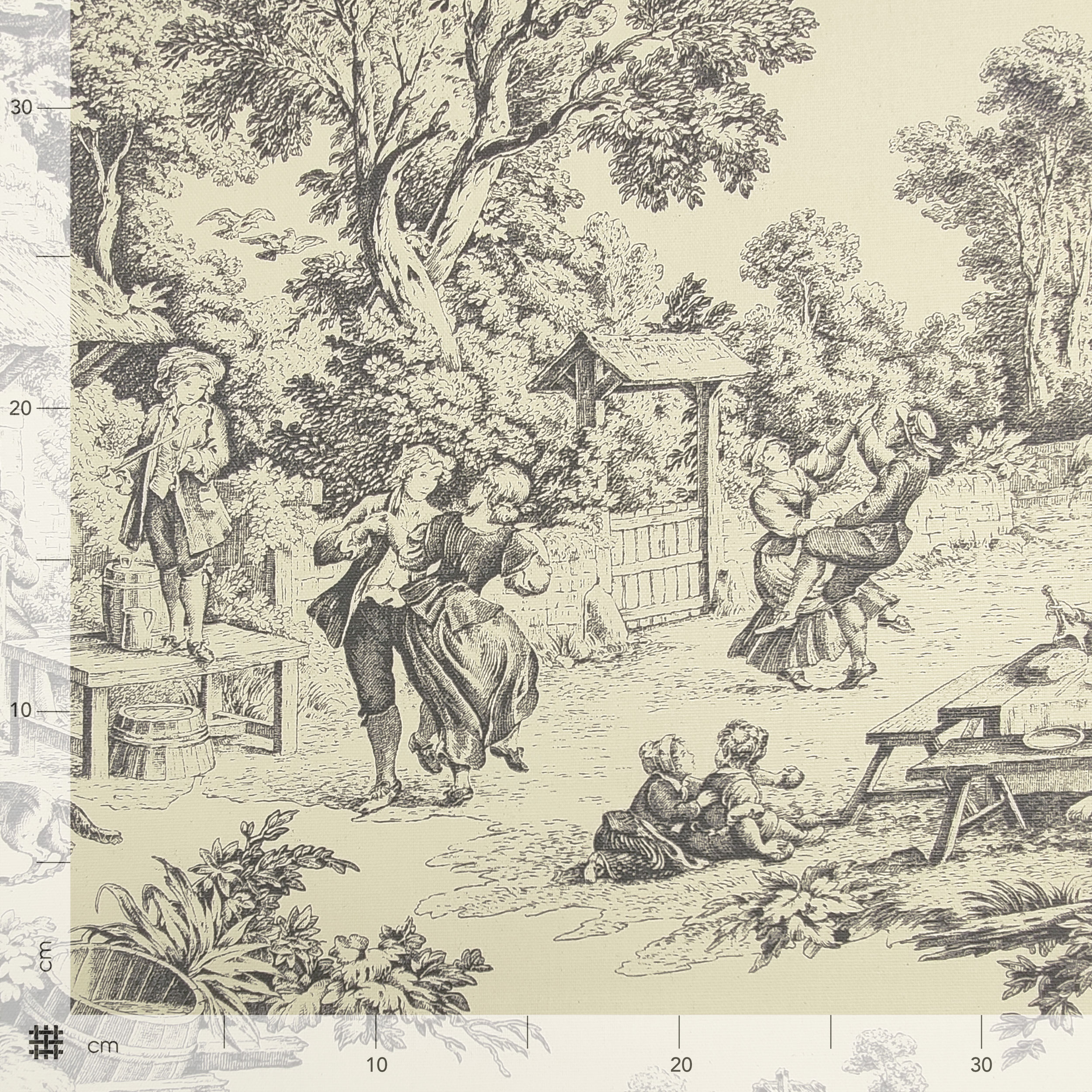 Tessuto Tovaglia Resinata Toile de Jouy Nero Sfondo Panna