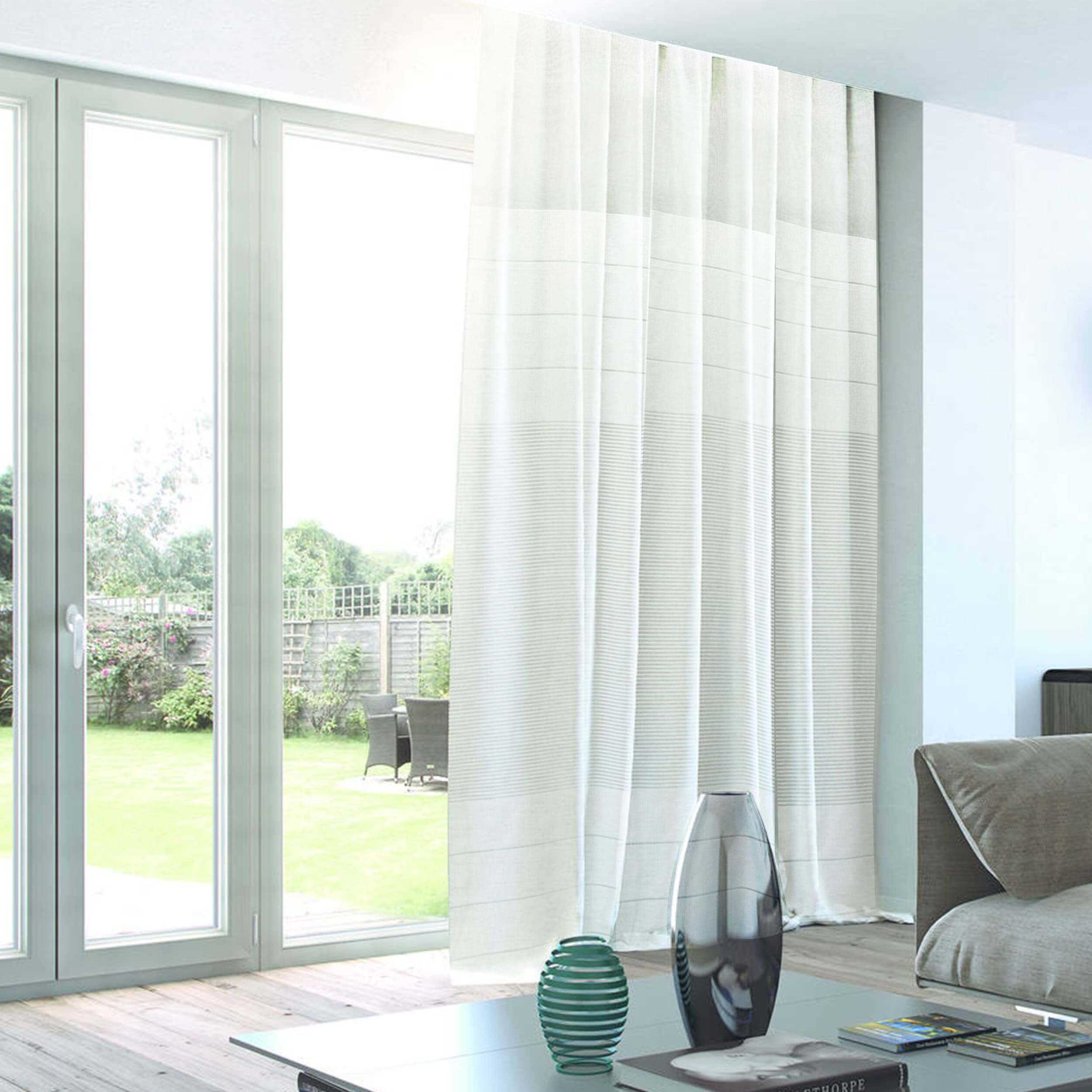 Tende A Pannello Vendita A Metro Larghezza Cm 40 45 50 60 65 70 80 90 Tessuto 100% Poliestere Effetto Lino Colore Bianco Con Bordo Grigio (50 Cm - Foto 2