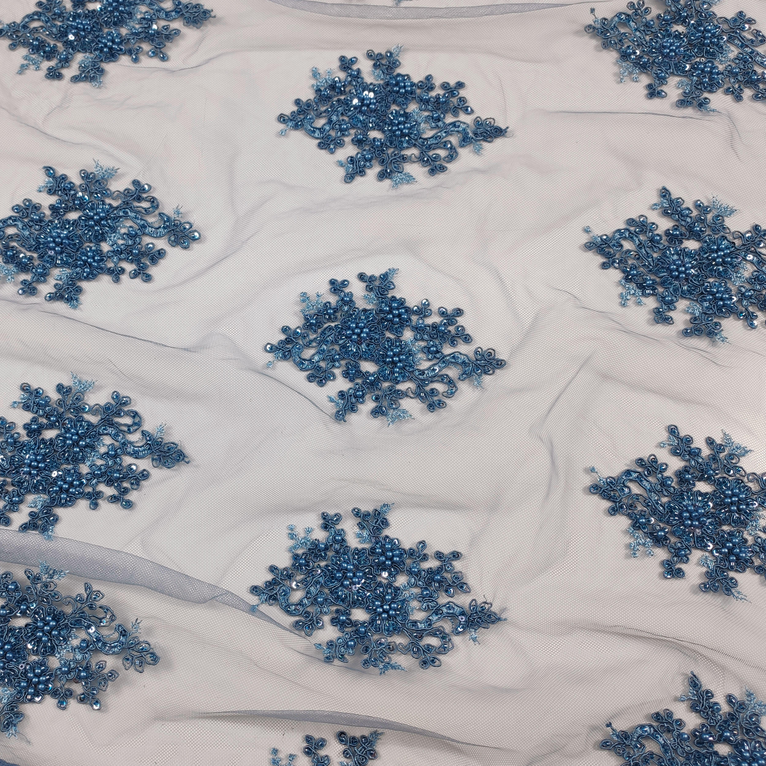 Tulle Ricamato Perline Lux Celeste