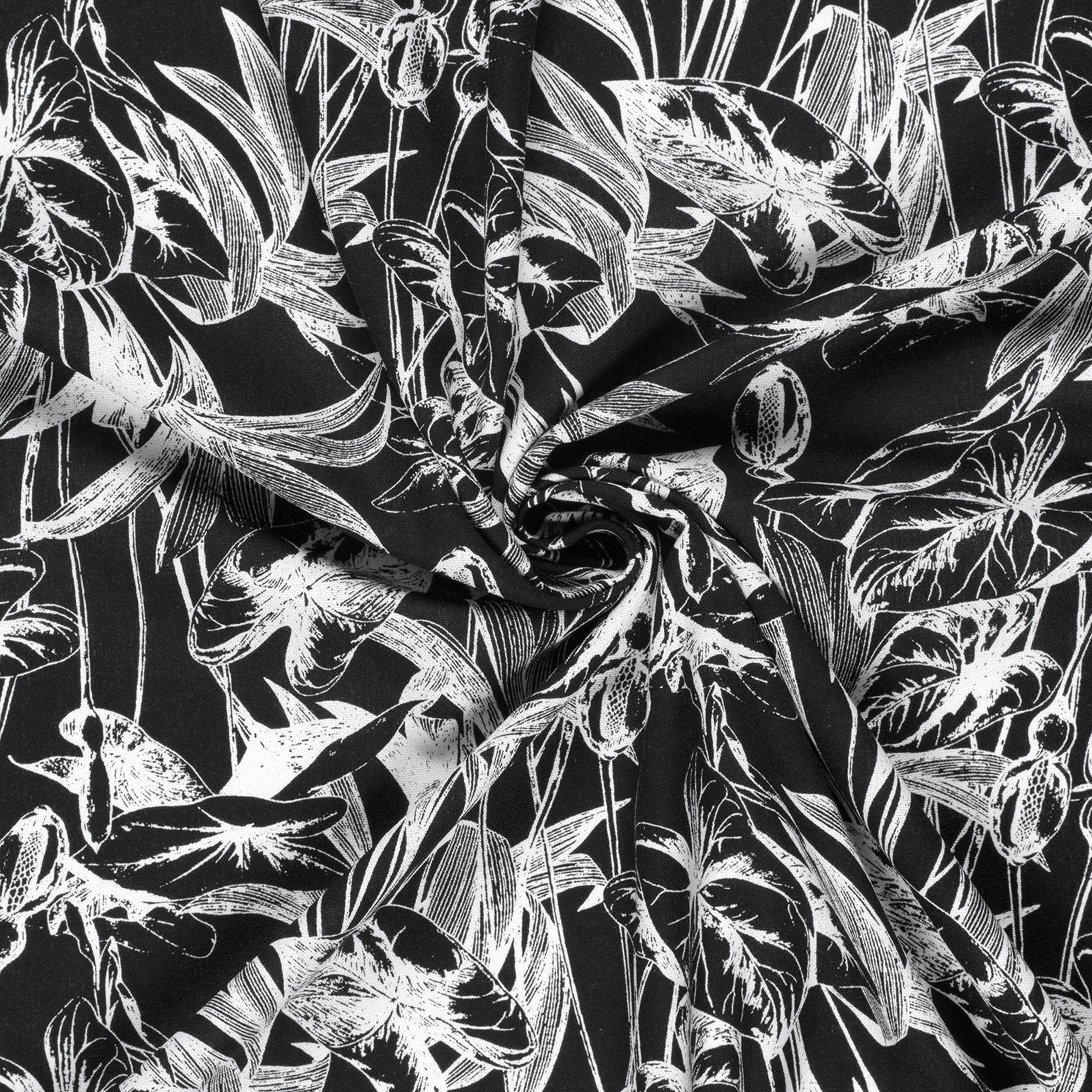 Misto Lino Foglie Tropicali Bianco e Nero