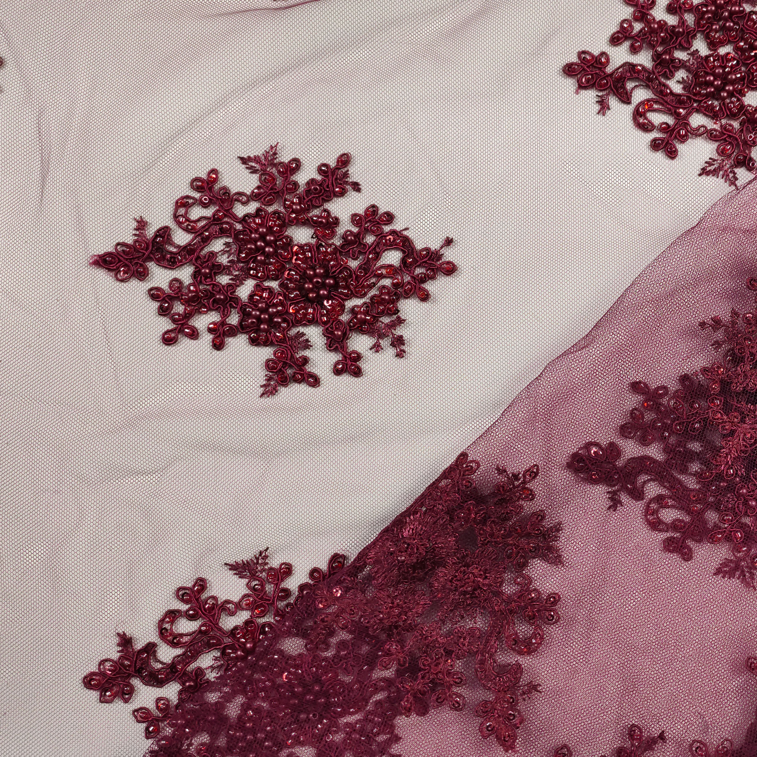 Tulle Ricamato Perline Lux Bordeaux