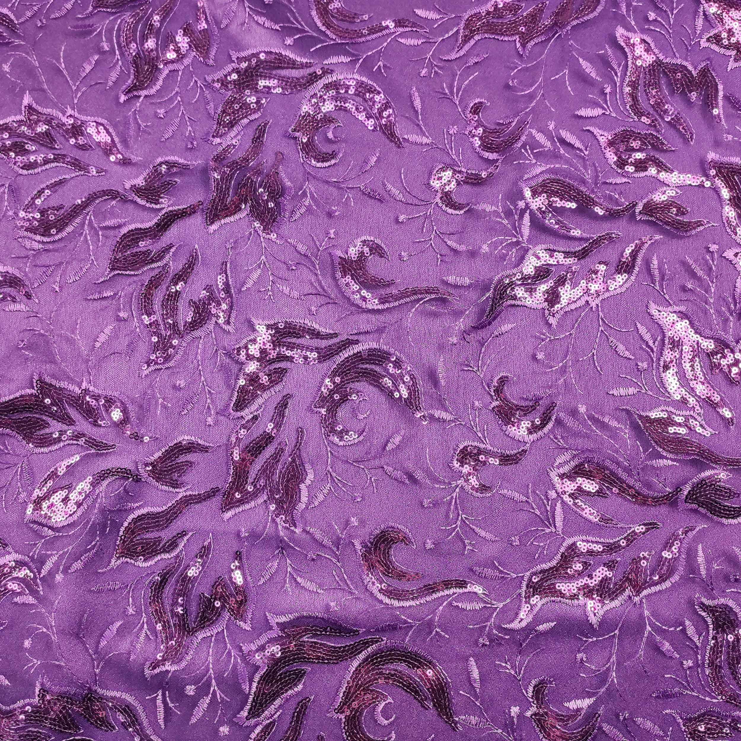 Tulle Ricamato Foglie con Paillettes Viola