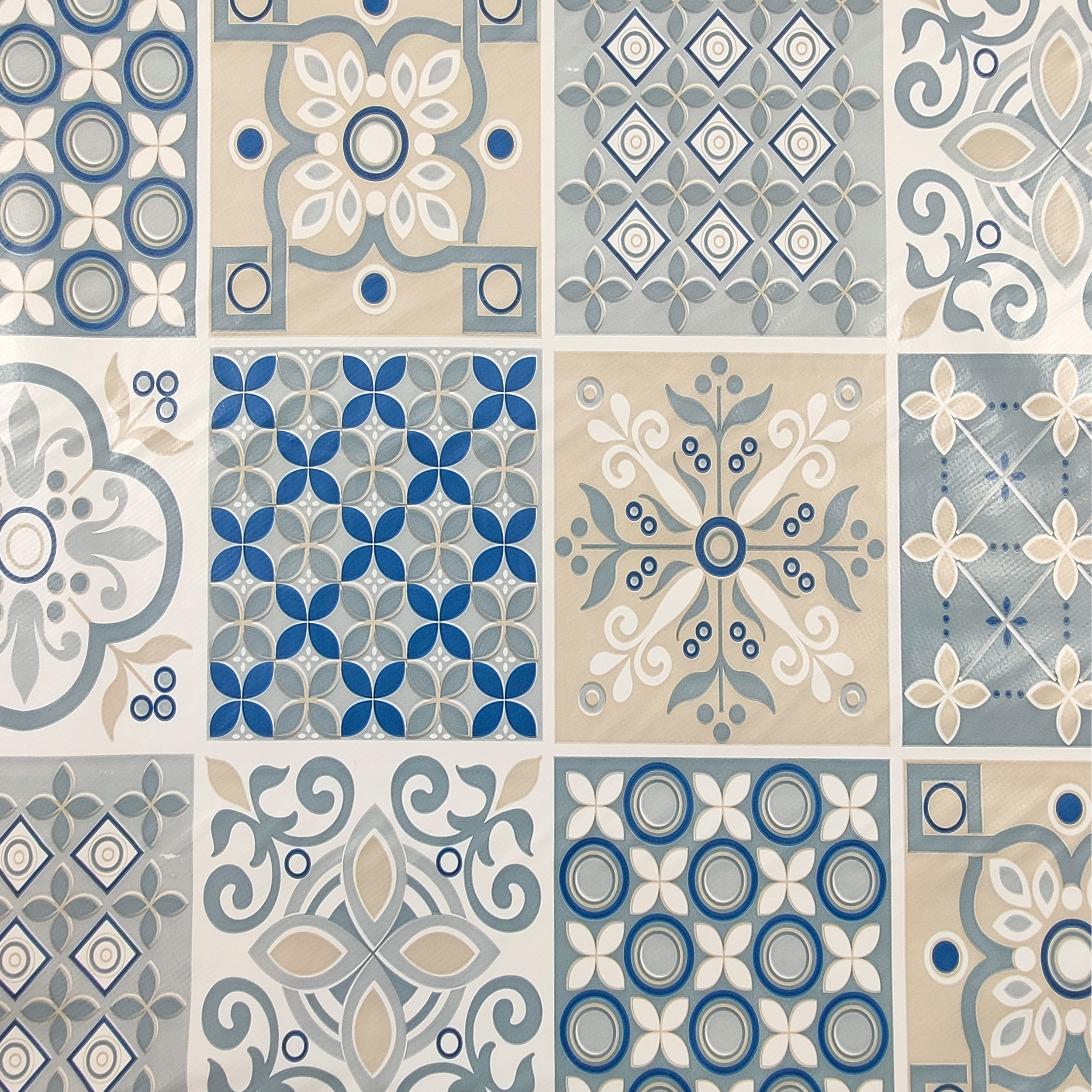 Tessuto Tovaglia Plastificata Mattonelle Floreali Blu e Beige Image