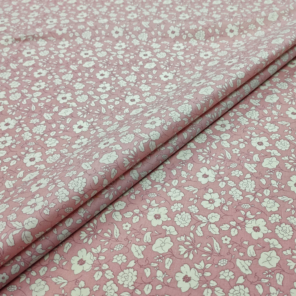 Tessuto Cotone Fiorellini Bianchi Sfondo Rosa