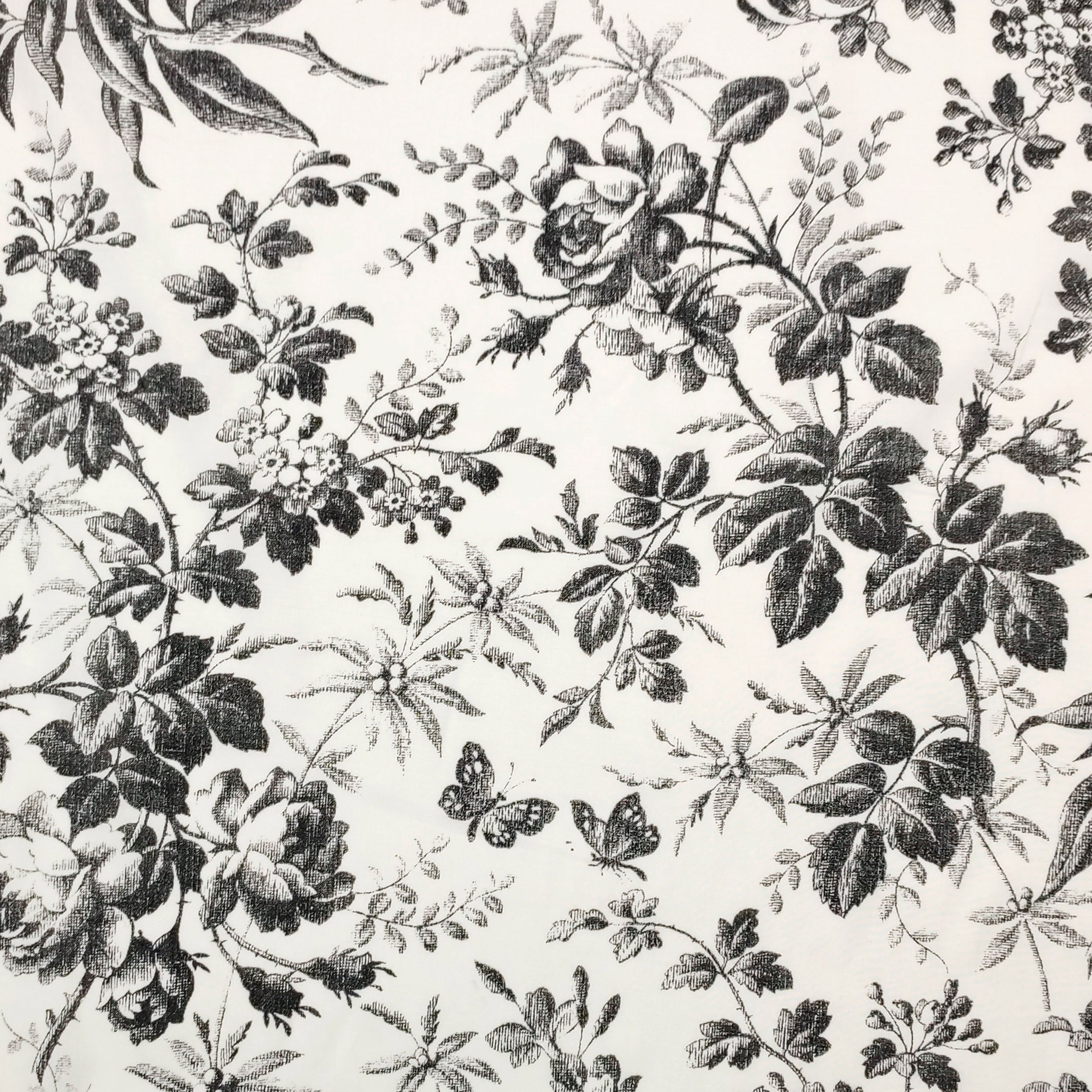Tessuto Cotone Fiori e Farfalle Bianco e Nero Image