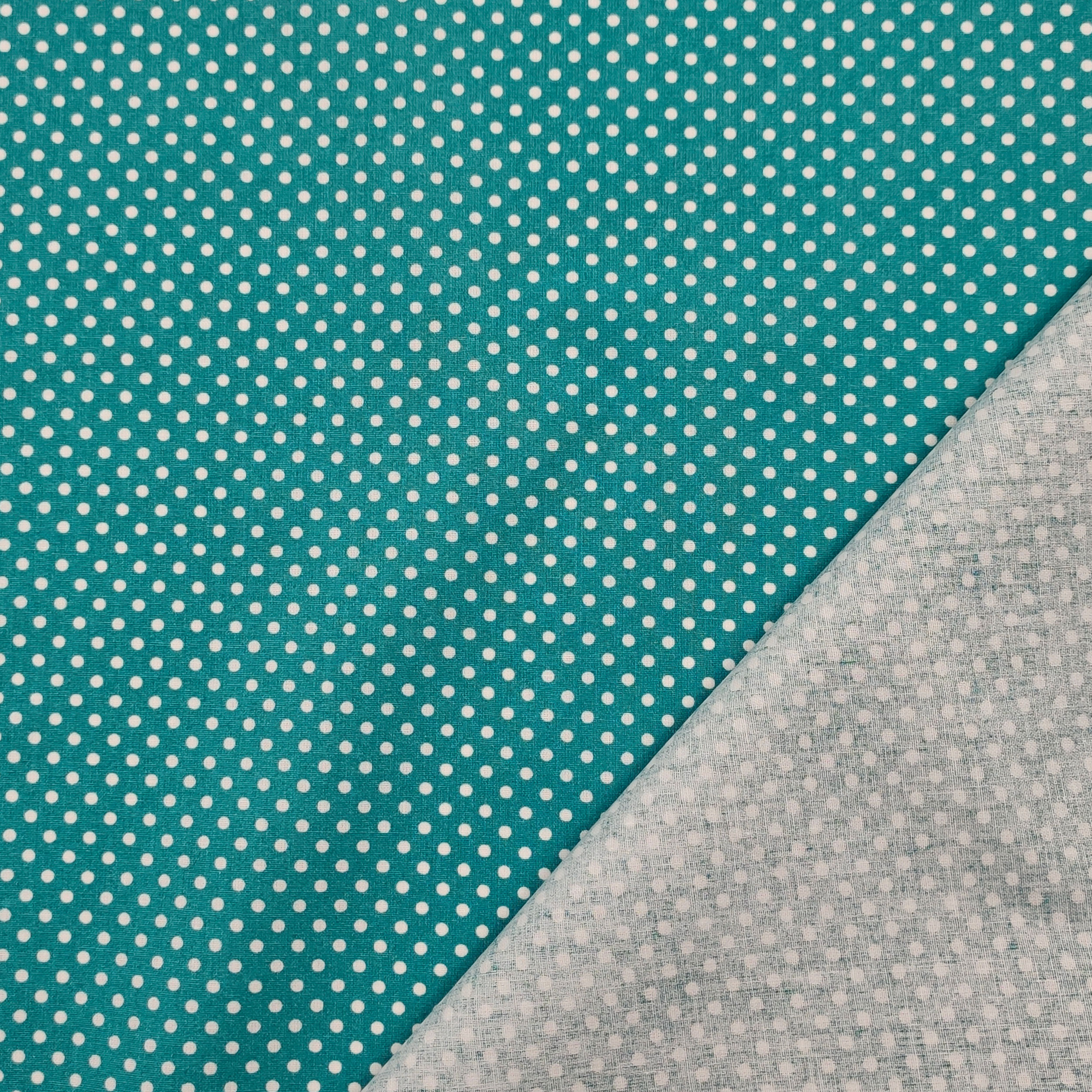 Tessuto Cotone Turchese Pois Bianchi