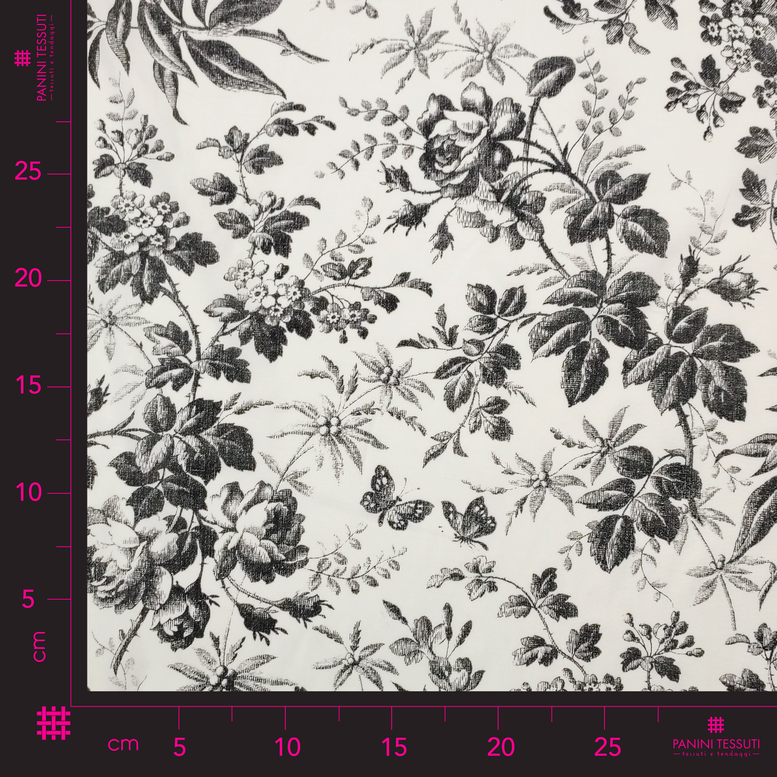 Tessuto Cotone Fiori e Farfalle Bianco e Nero Image