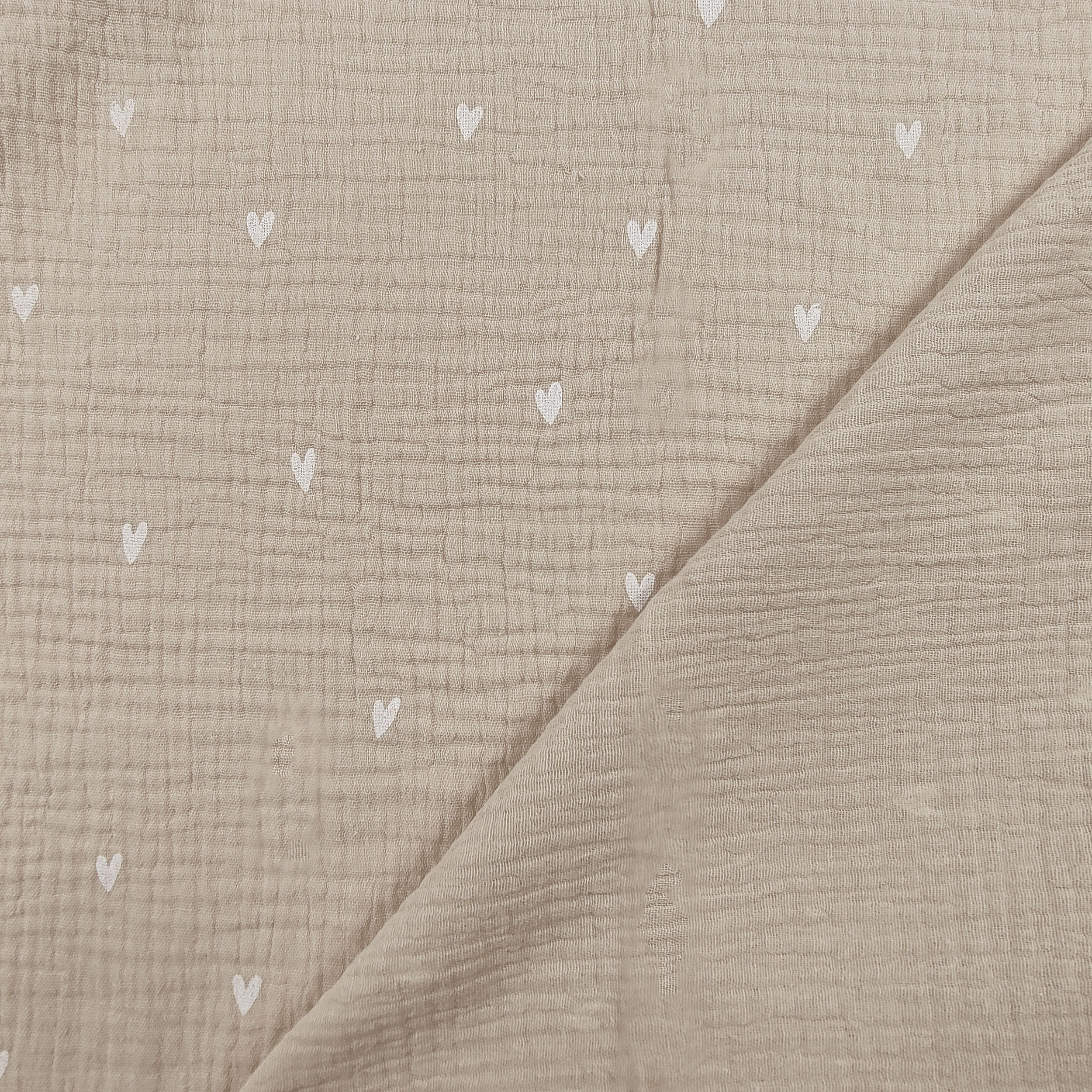 Mussola Cotone Beige Cuoricini Bianchi