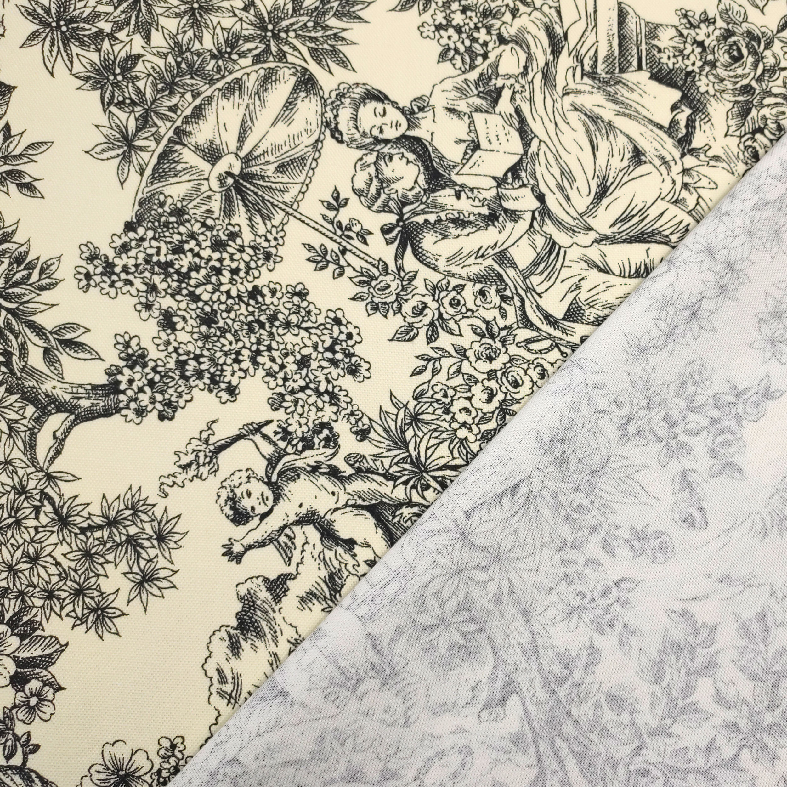 Tessuto Panama Toile De Jouy Nero Sfondo Panna