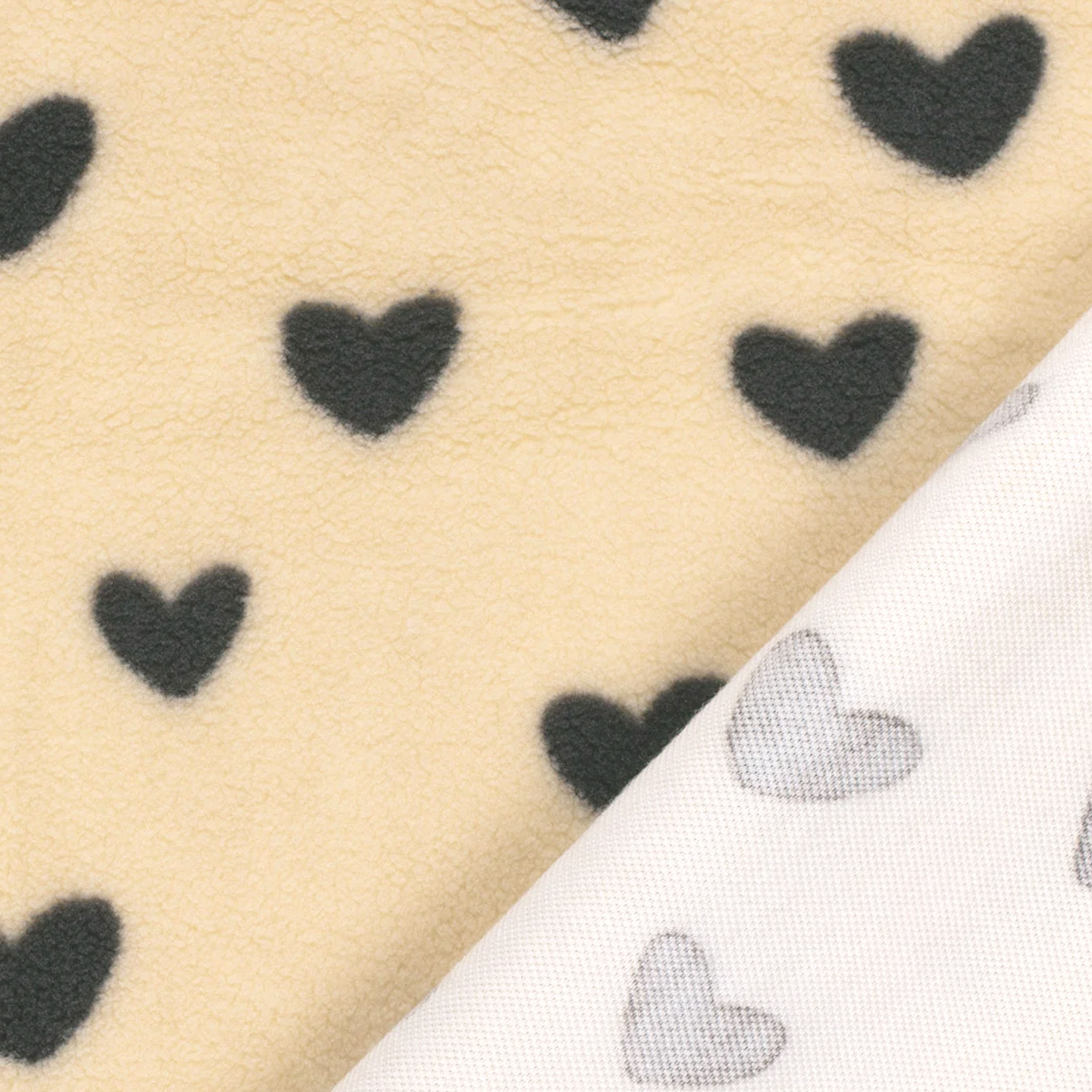 Tessuto Sherpa Beige Cuori Neri