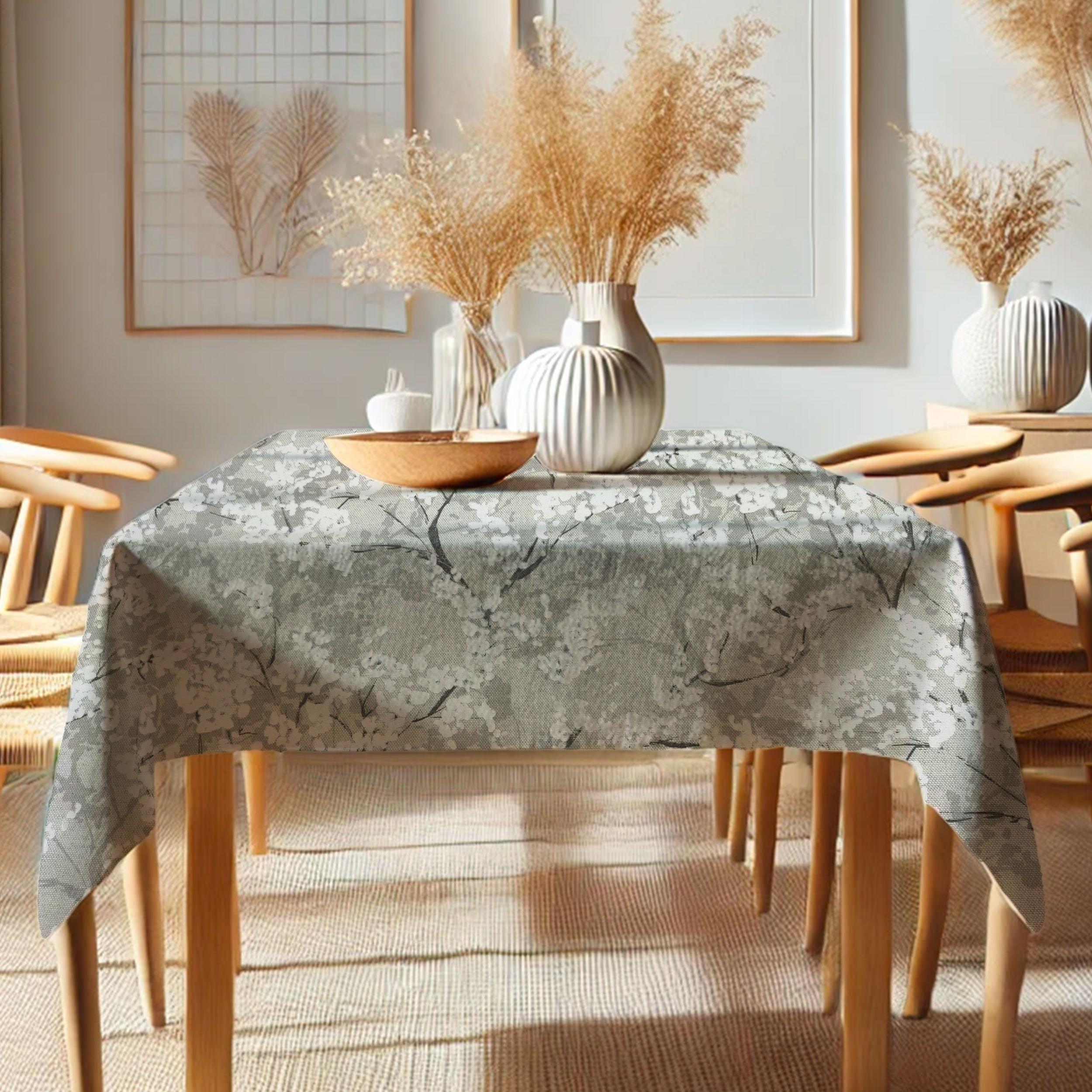 Misto Cotone Grigio con Alberi Fioriti