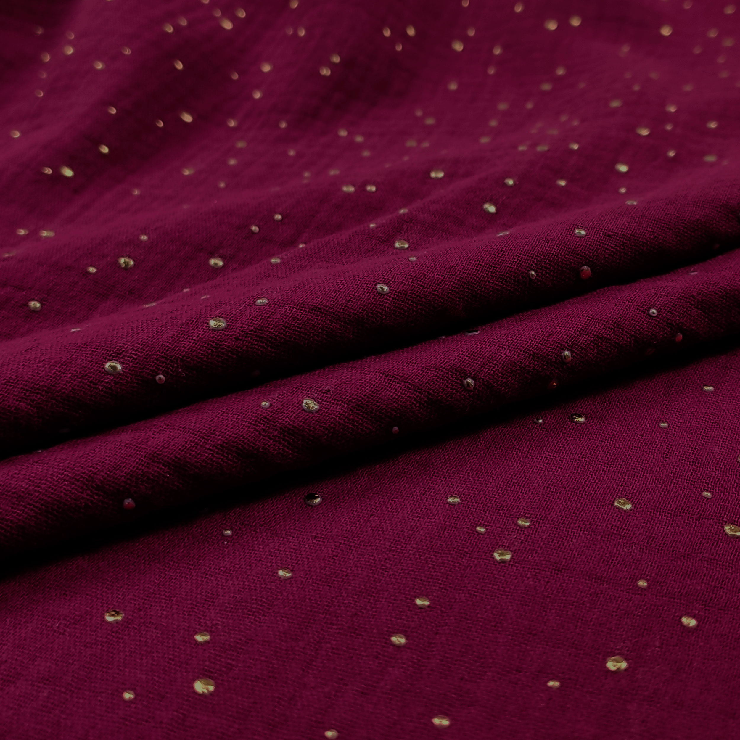Mussola Cotone Bordeaux con Pois Oro Image