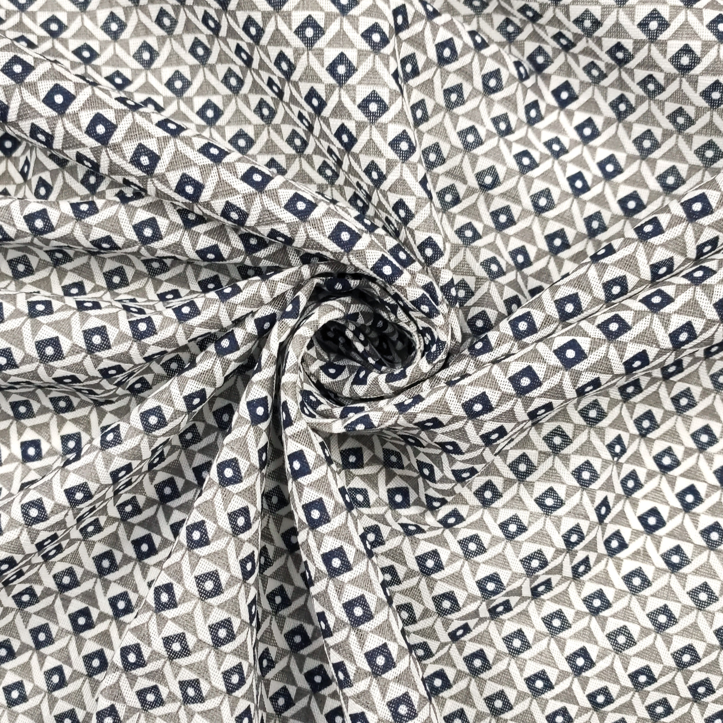 Tessuto in Cotone Geometrico Grigio e Blu