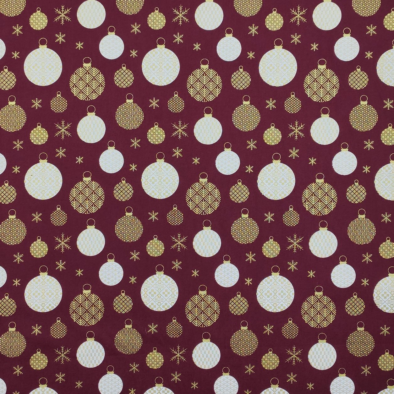 Tessuto cotone palline natalizio oro a sfondo bordeaux
