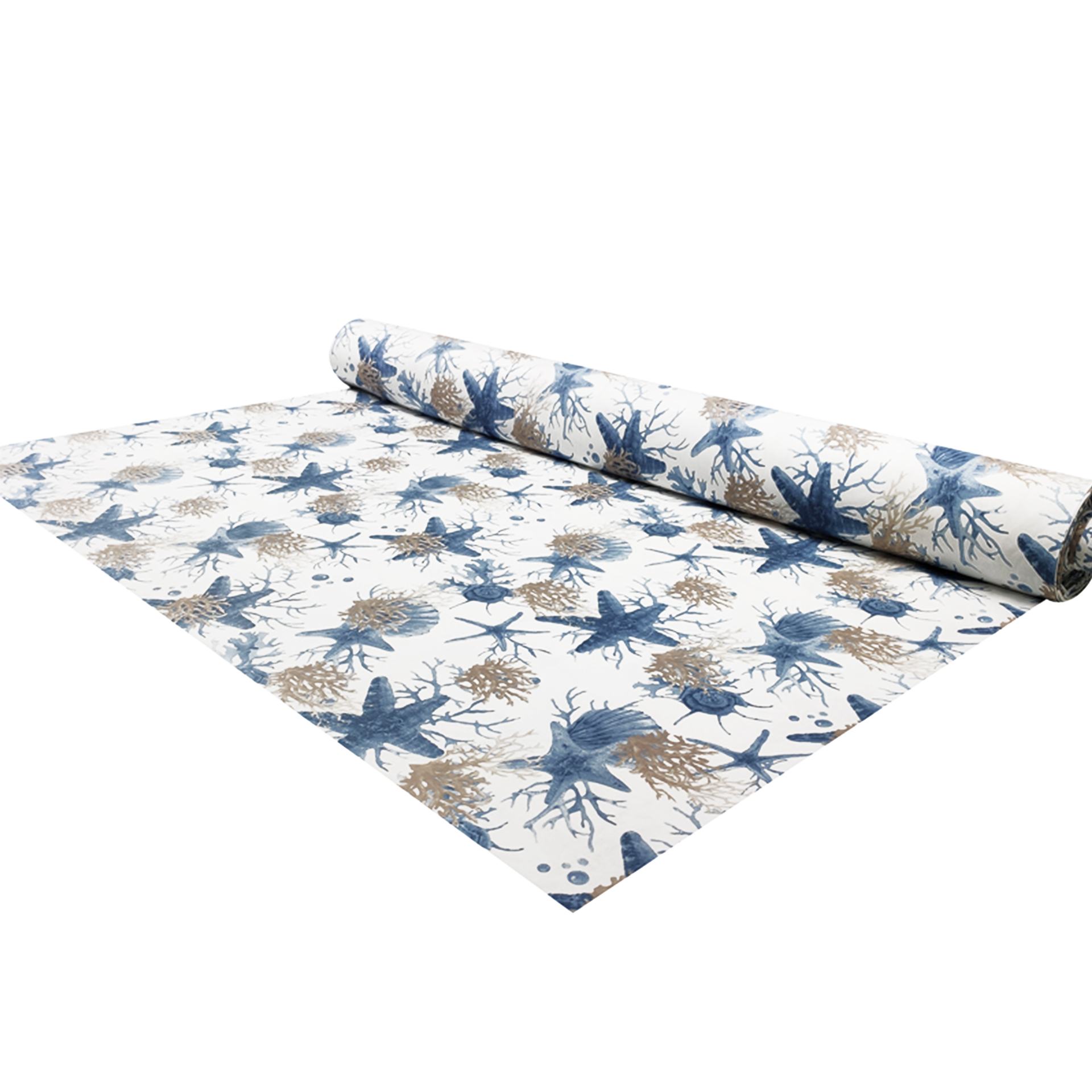 Tessuto Panama Fantasia Coralli Stelle Marine Blu