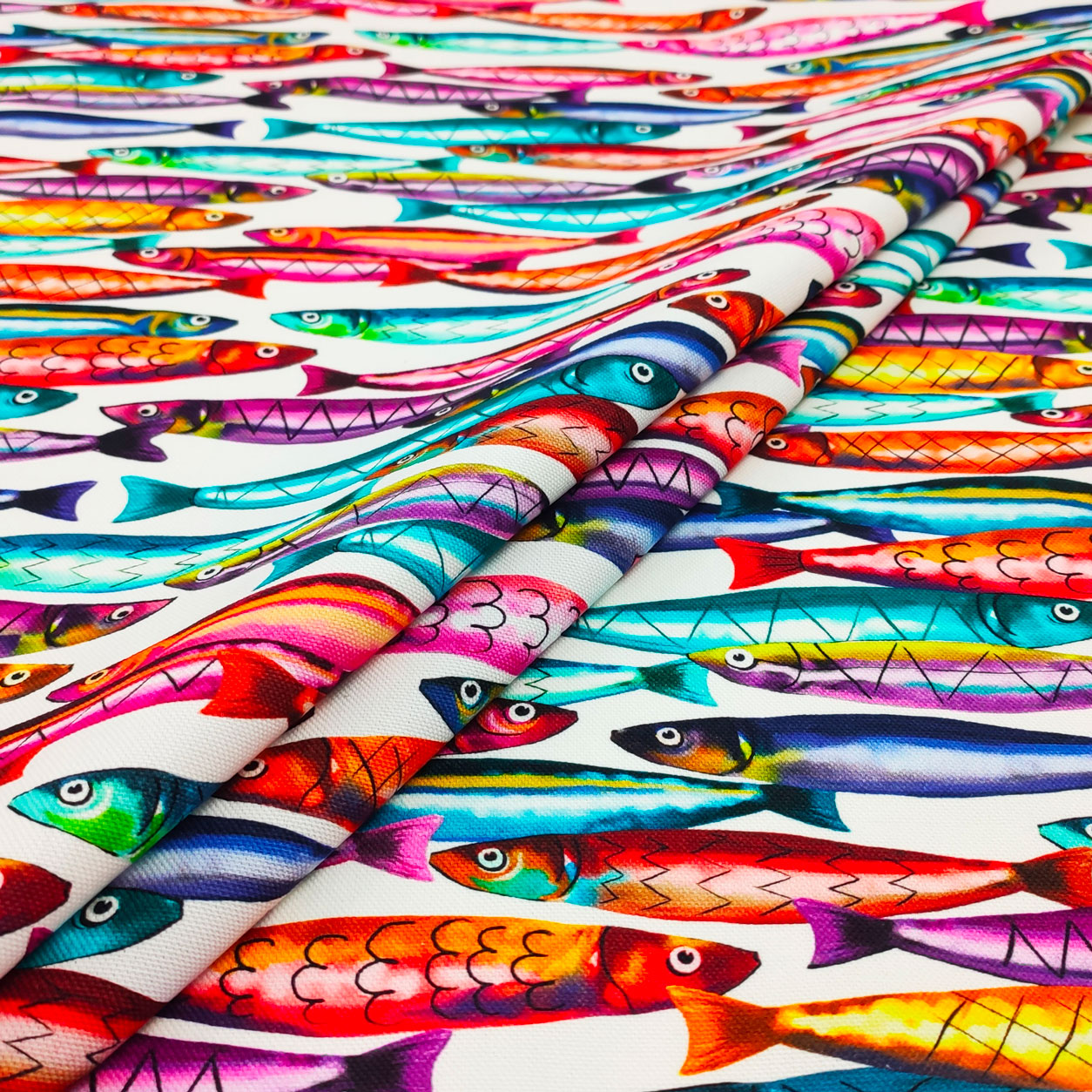 Panama tessuto al metro stampato sardine multicolor