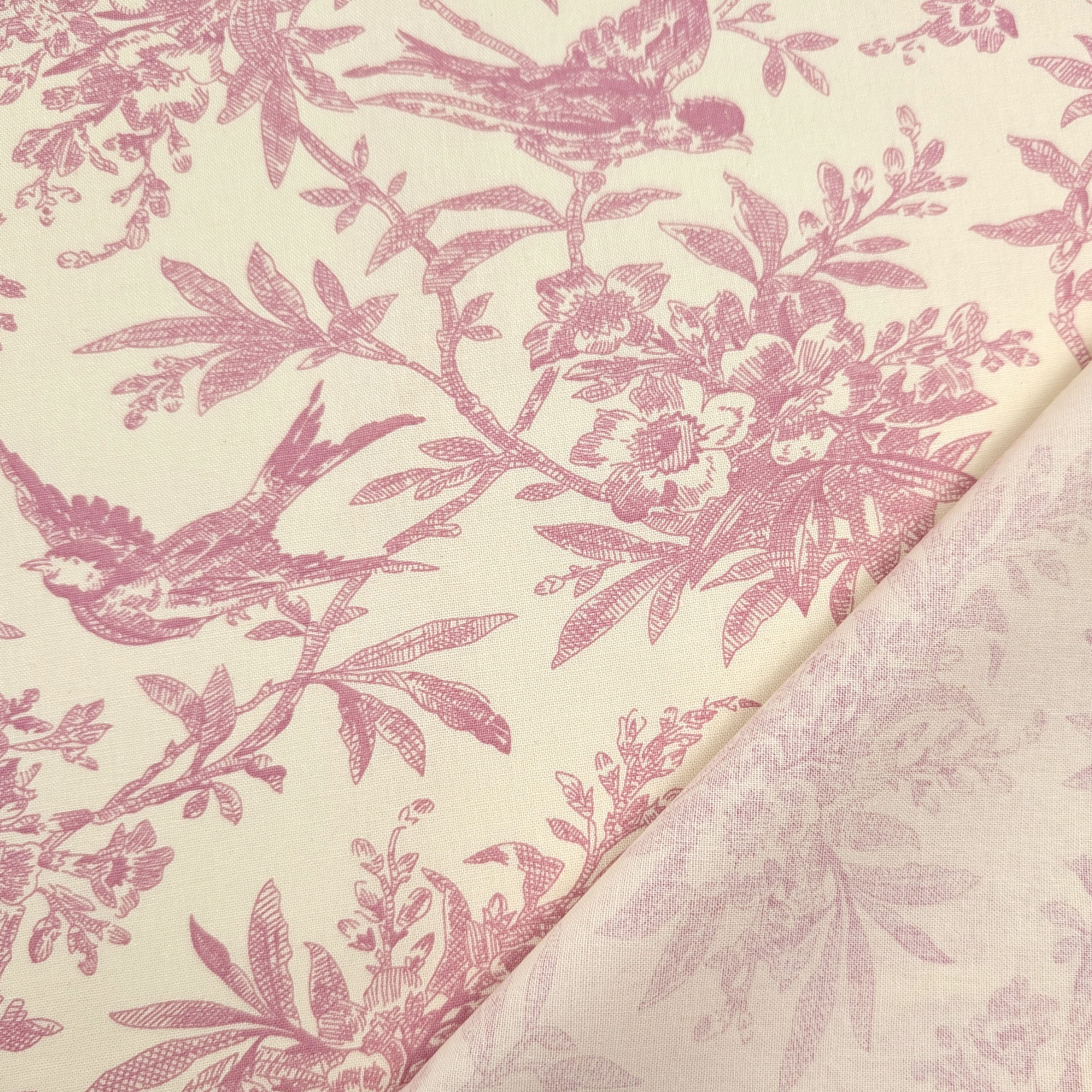 Popeline Cotone Stampa Vintage Uccellini e Rami Rosa Image