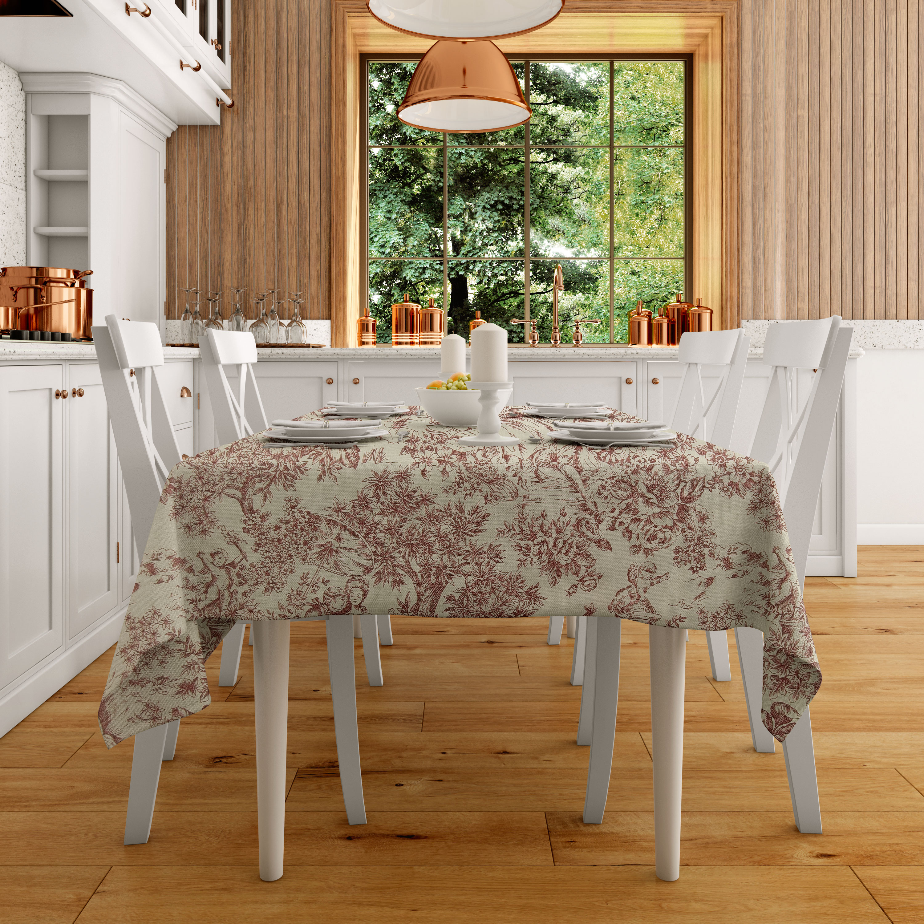 Tessuto Panama Toile De Jouy Rosso Sfondo Panna H 280 cm Image