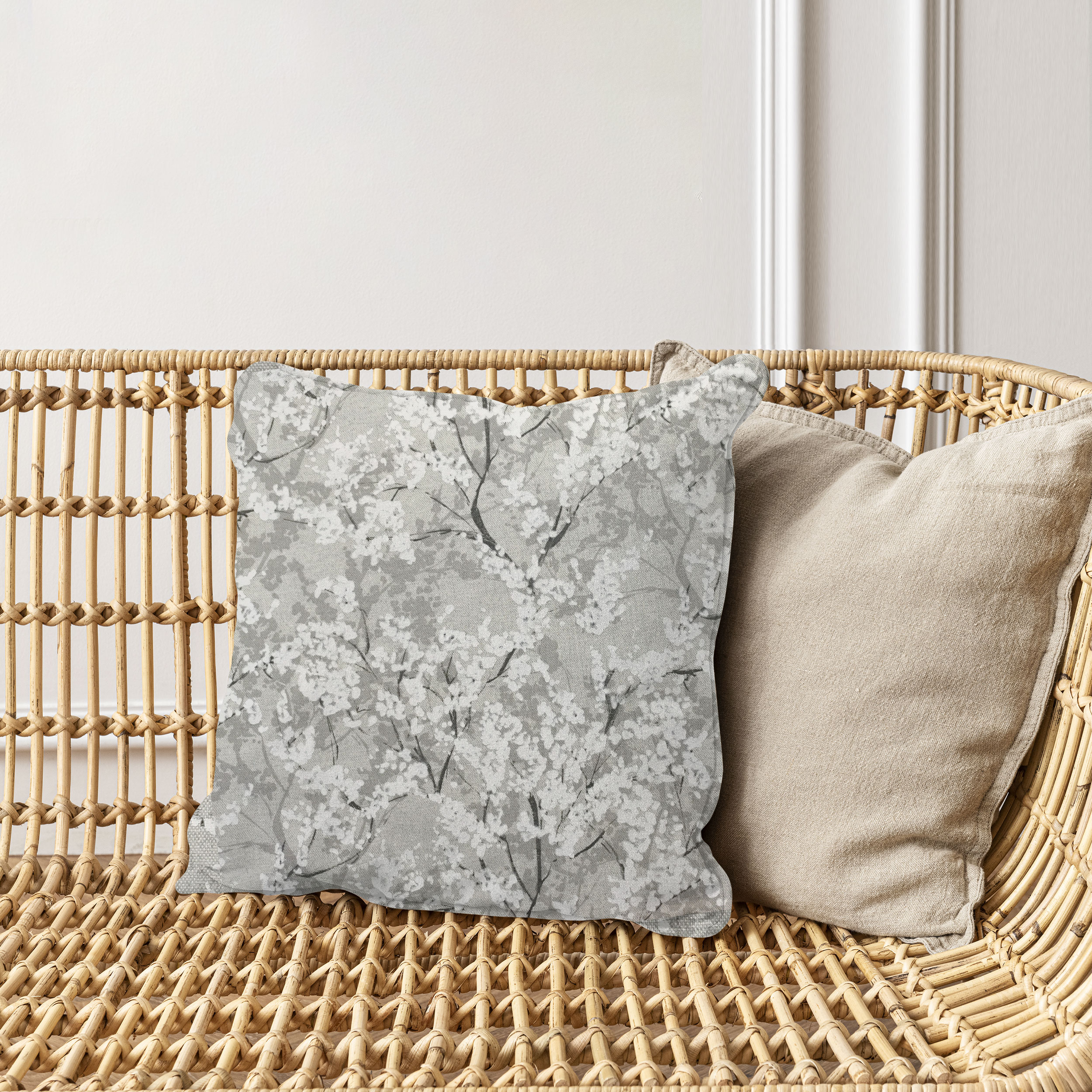 Misto Cotone Grigio con Alberi Fioriti
