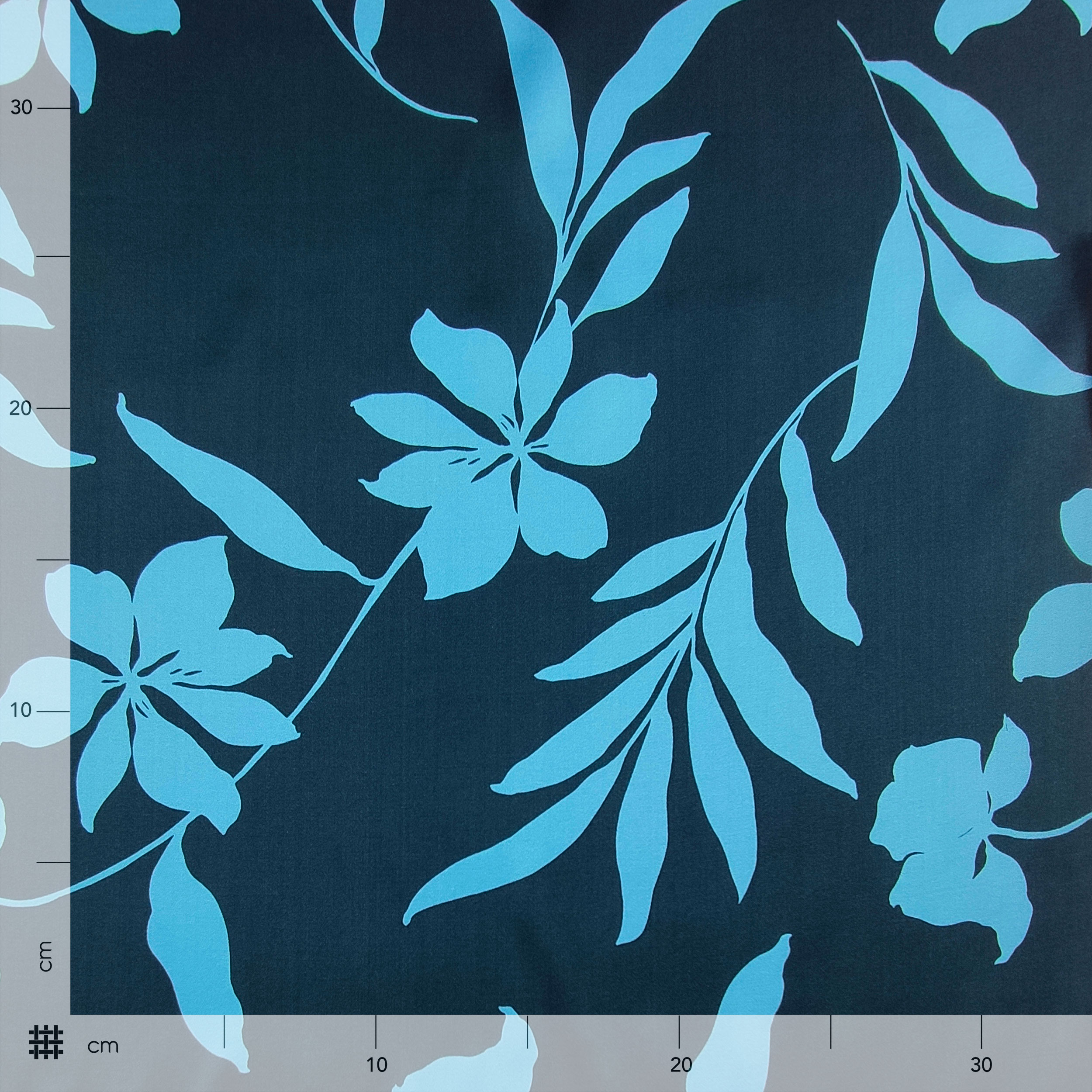 Raso Misto Seta Alta Moda Fiori Azzurri Sfondo Blu