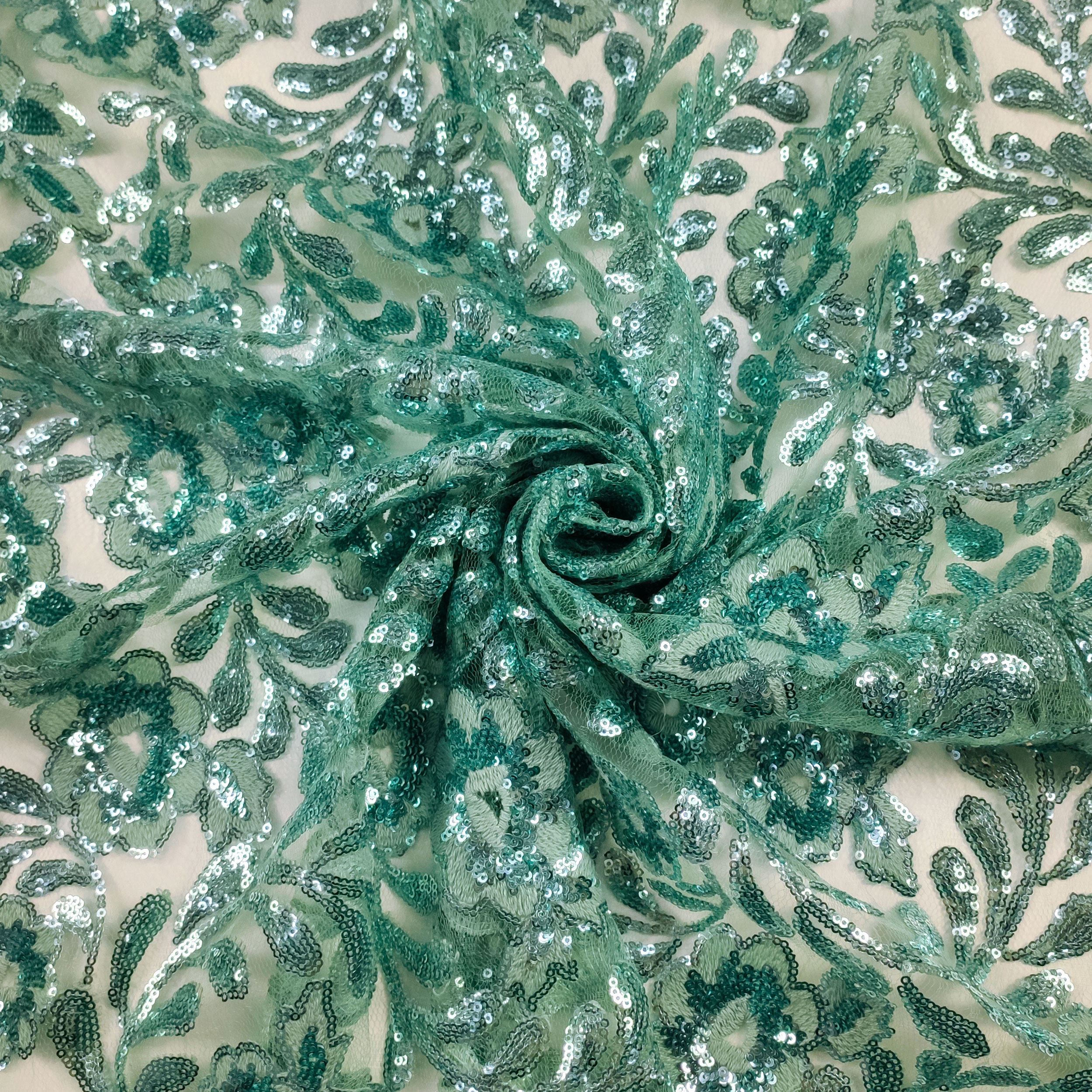 Tulle Ricamato Fiori con Paillettes Verde Acqua Image