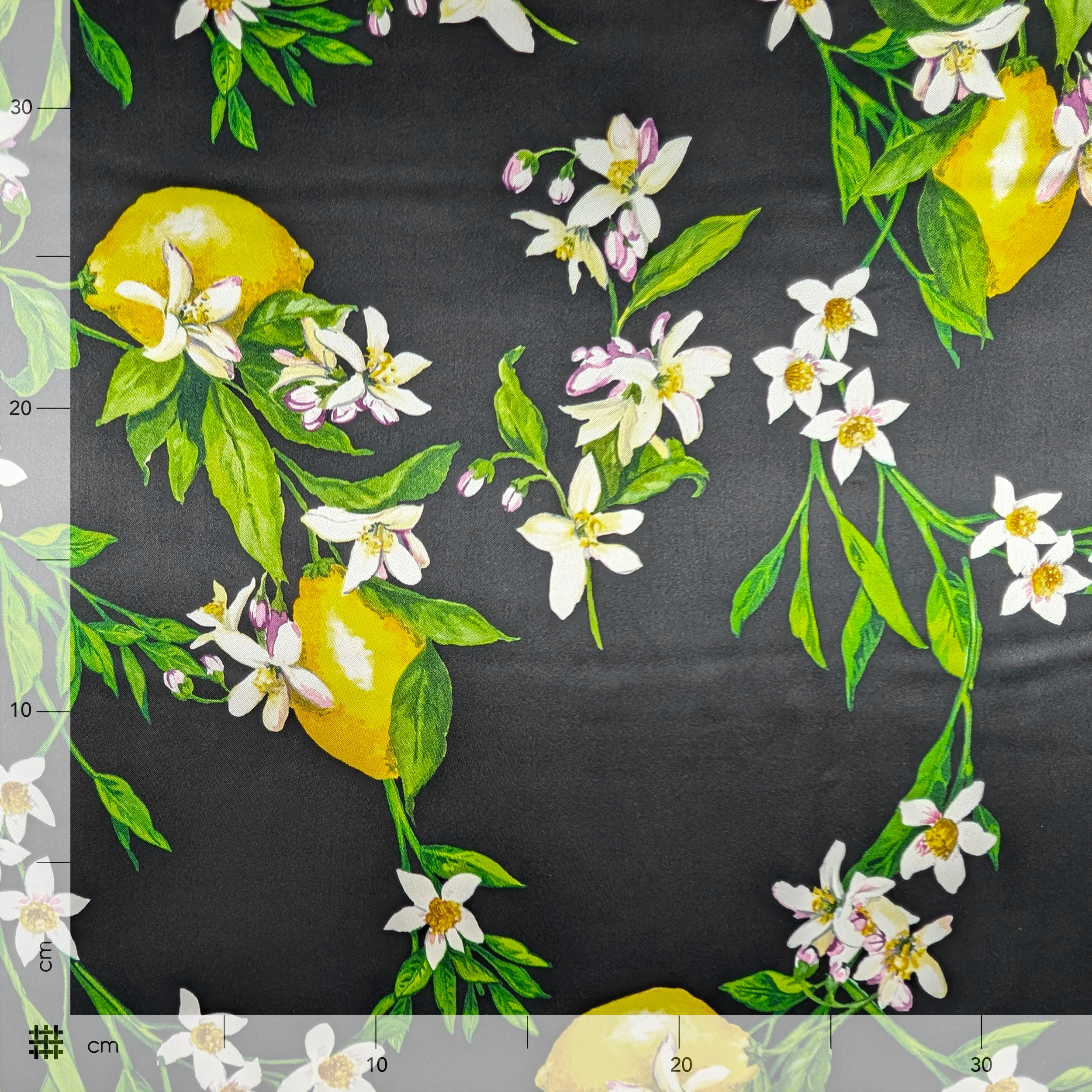 Raso Seta Viscosa Naturale Nero Fiori e Limoni Image