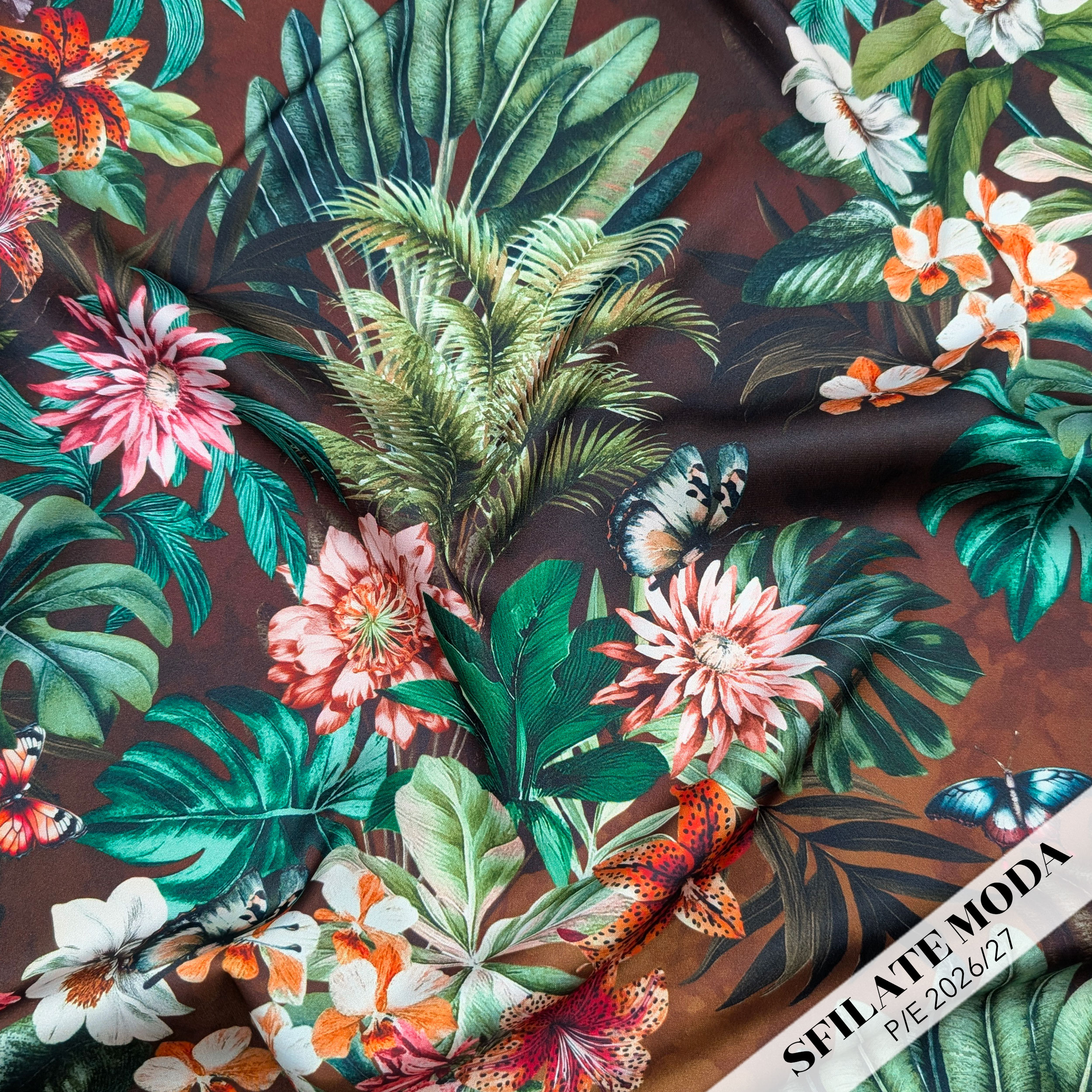 Raso Setato Alta Moda Marrone Fiori e Foglie Tropicali Image