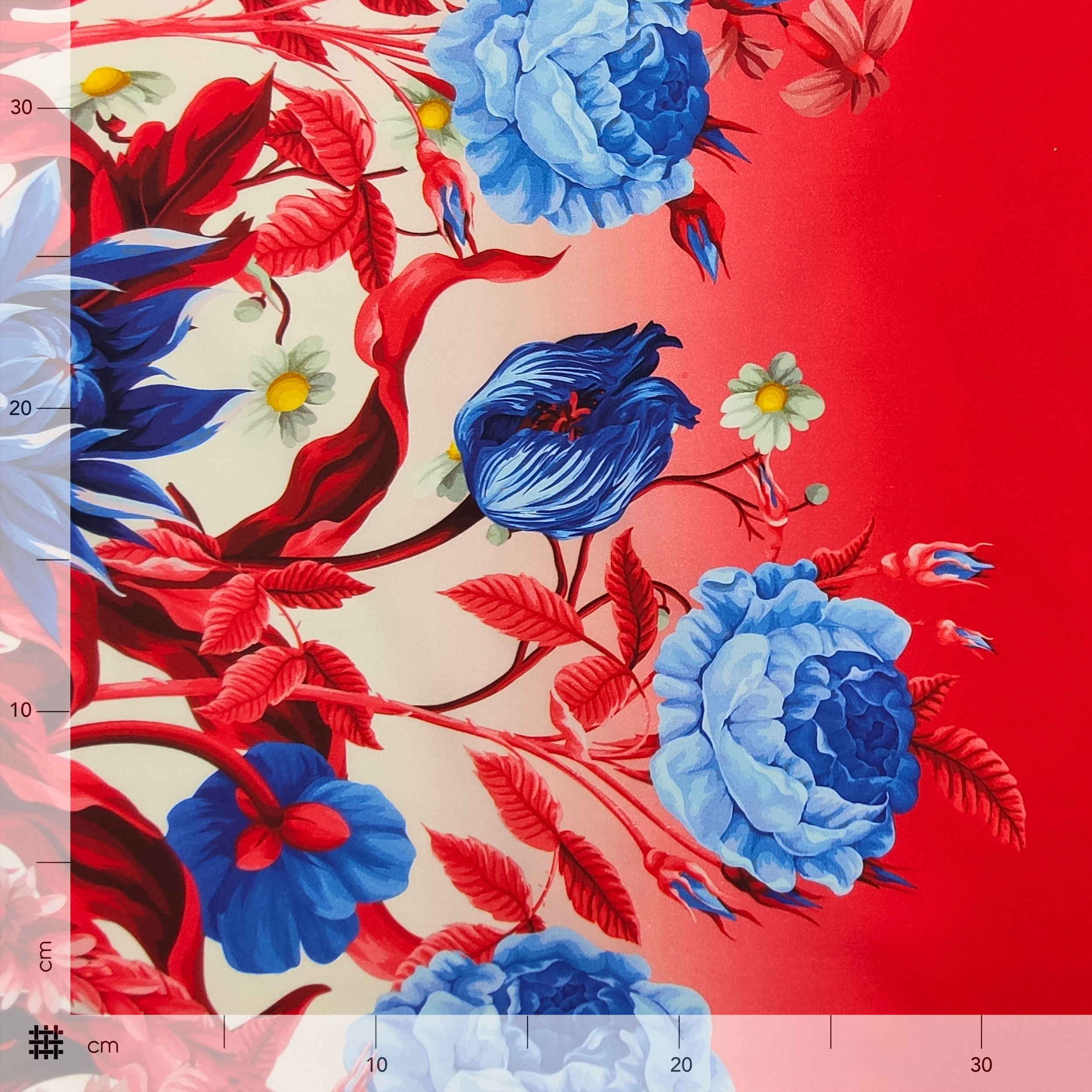 Rasatello Cotone Rosso Doppio Bordo Fiori in Blu Image
