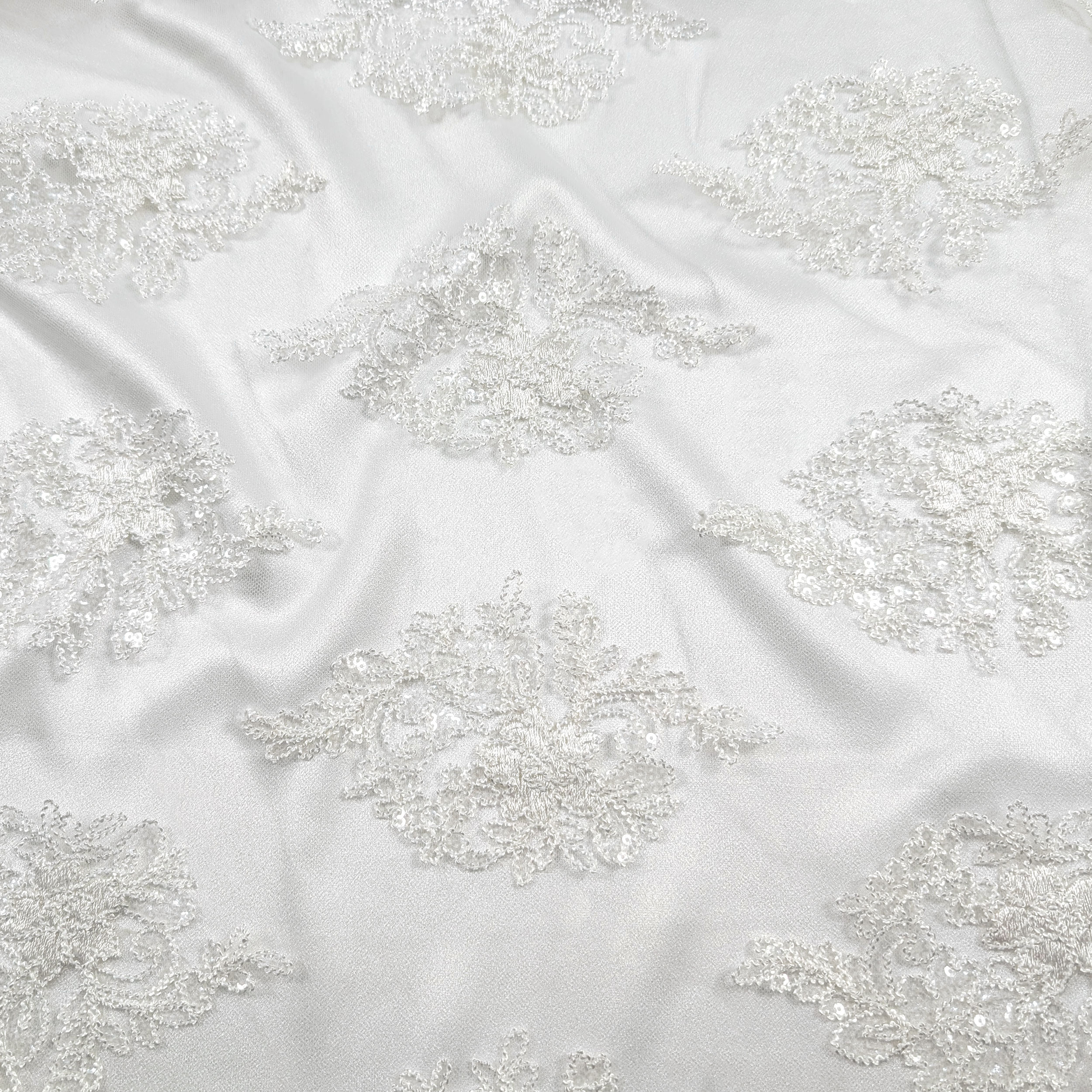 Tessuto Tulle Ricamo Paillettes Doppio Smerlo Bianco Image