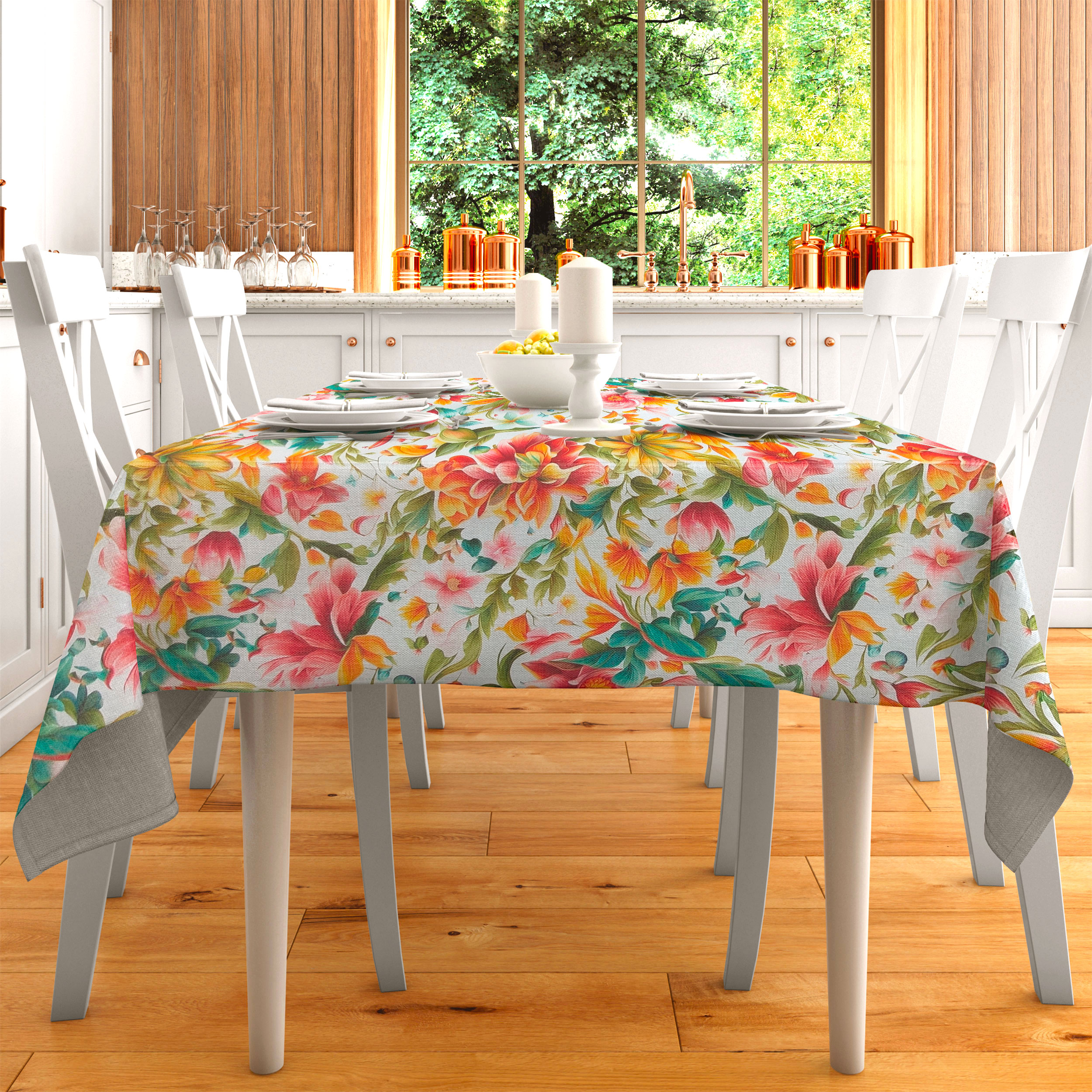 Tessuto Panama Fiori Multicolor Sfondo Bianco