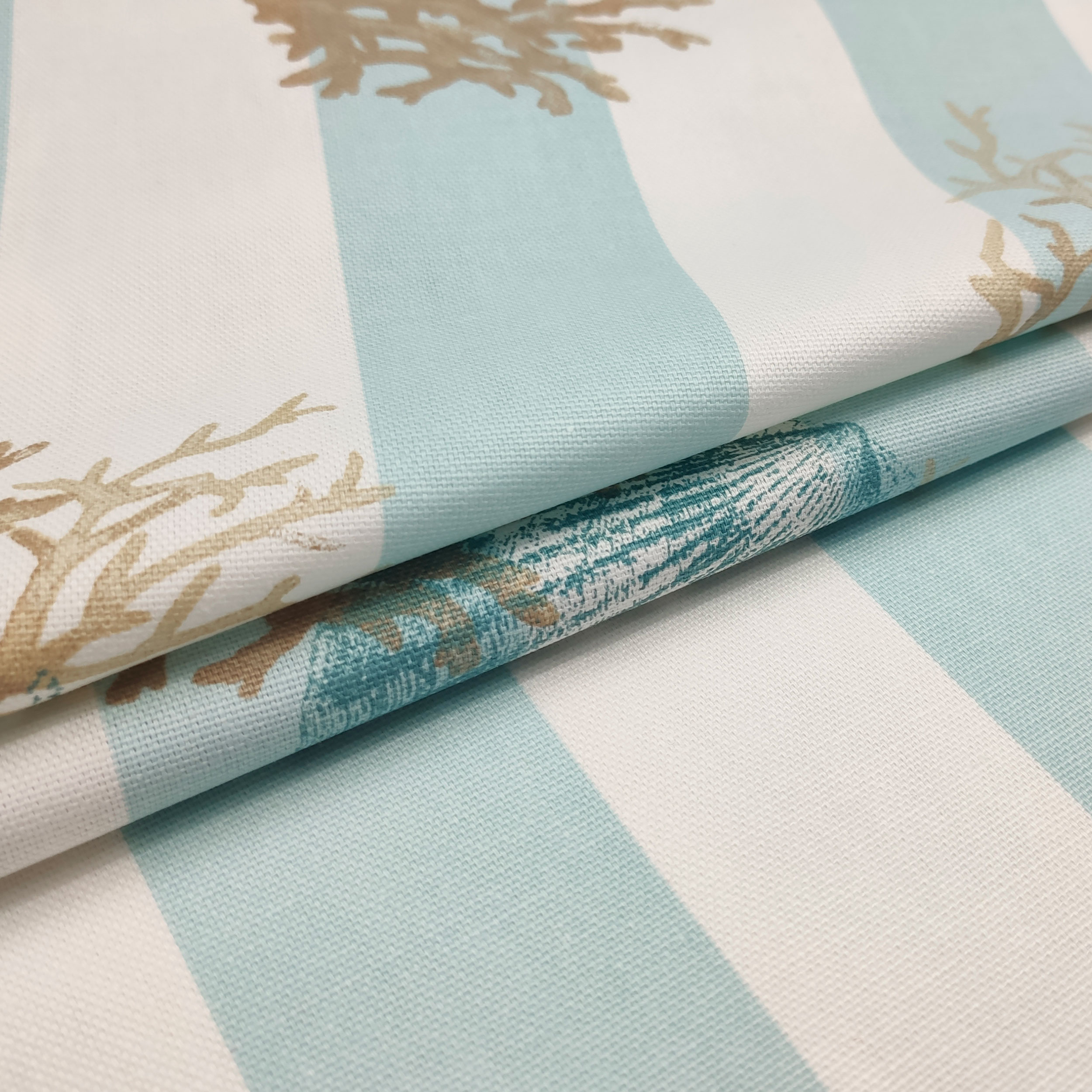 Tessuto Panama Righe Bianco Azzurro Conchiglie Avio