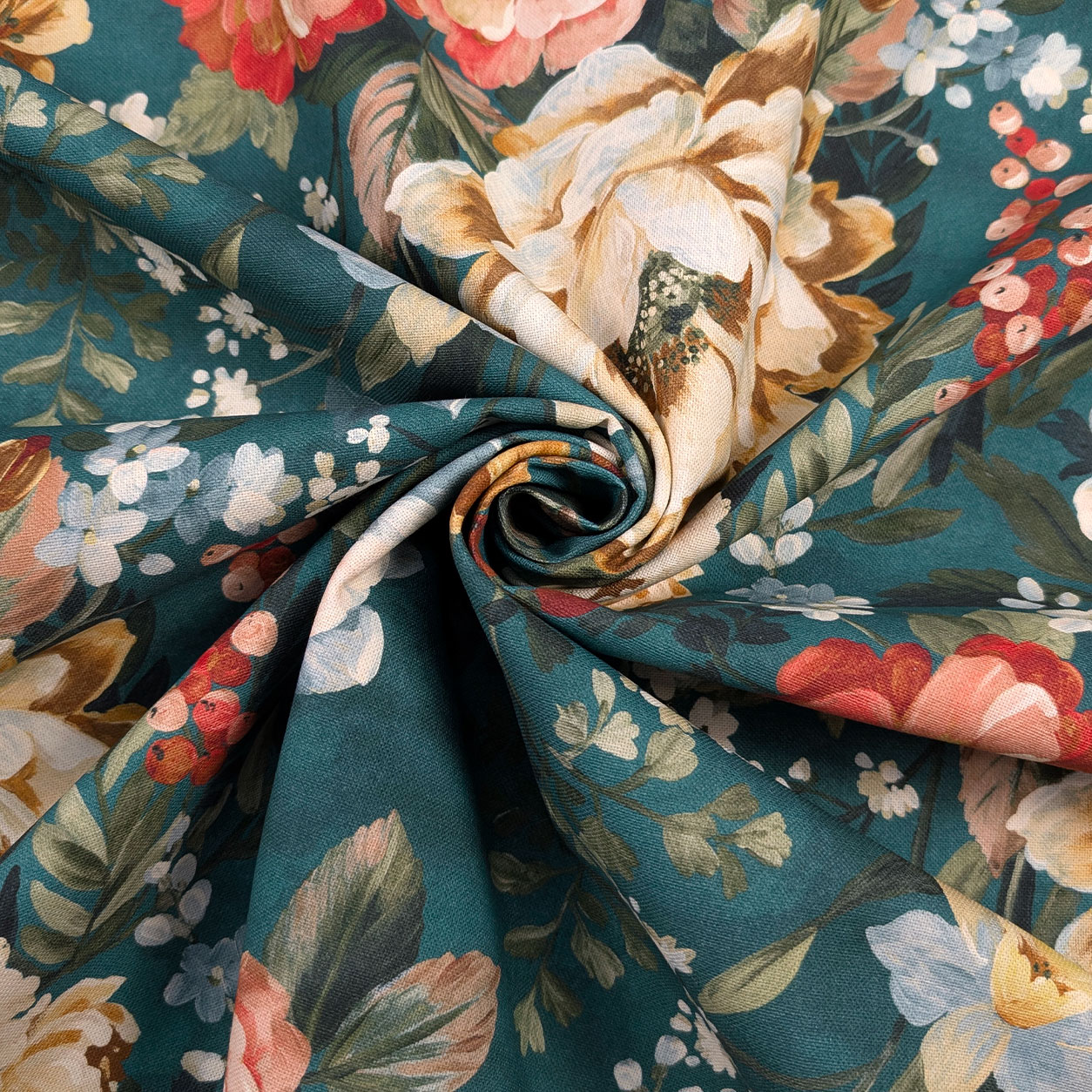 Panama Cotone Fiori Sfondo Petrolio H 280 cm Image