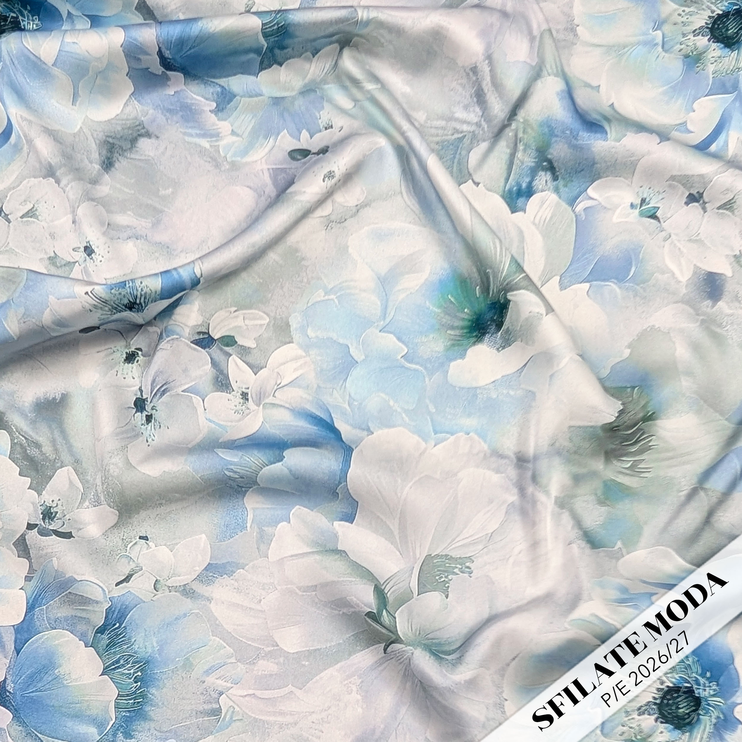 Raso Setato Alta Moda Fiori Azzurri Image