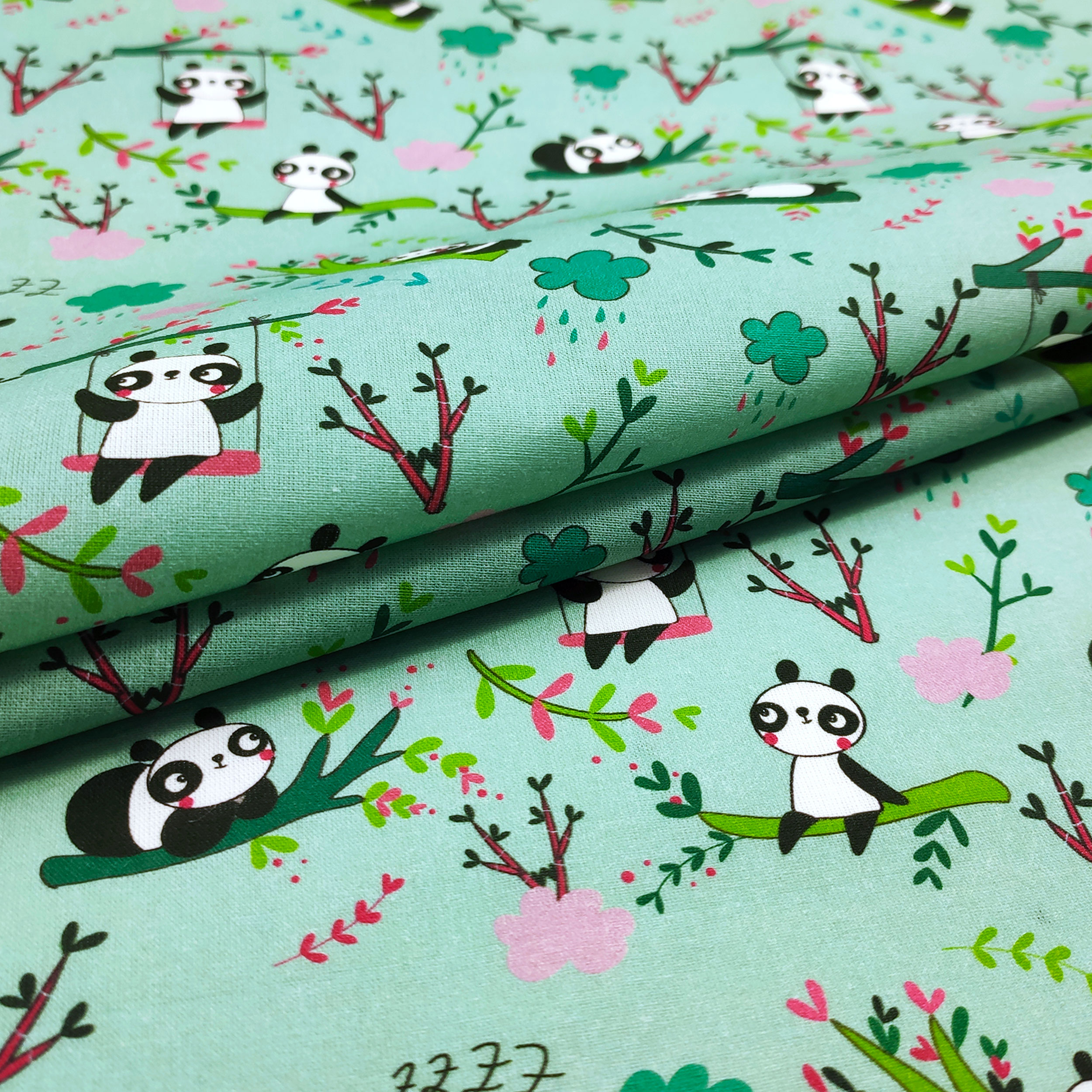Ritaglio Cotone Panda Piccoli Sfondo Verde Menta 50x150 cm