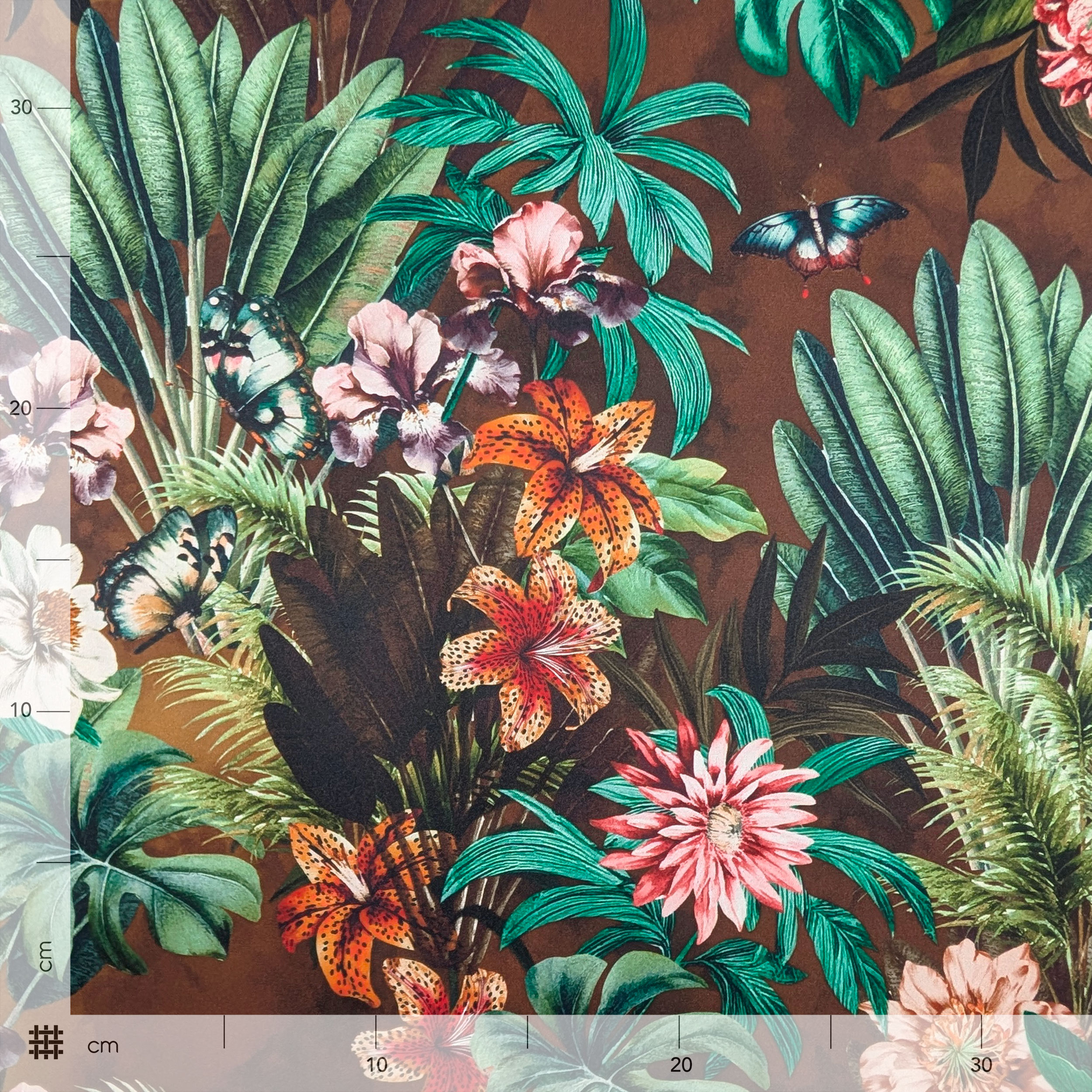 Raso Setato Alta Moda Marrone Fiori e Foglie Tropicali Image