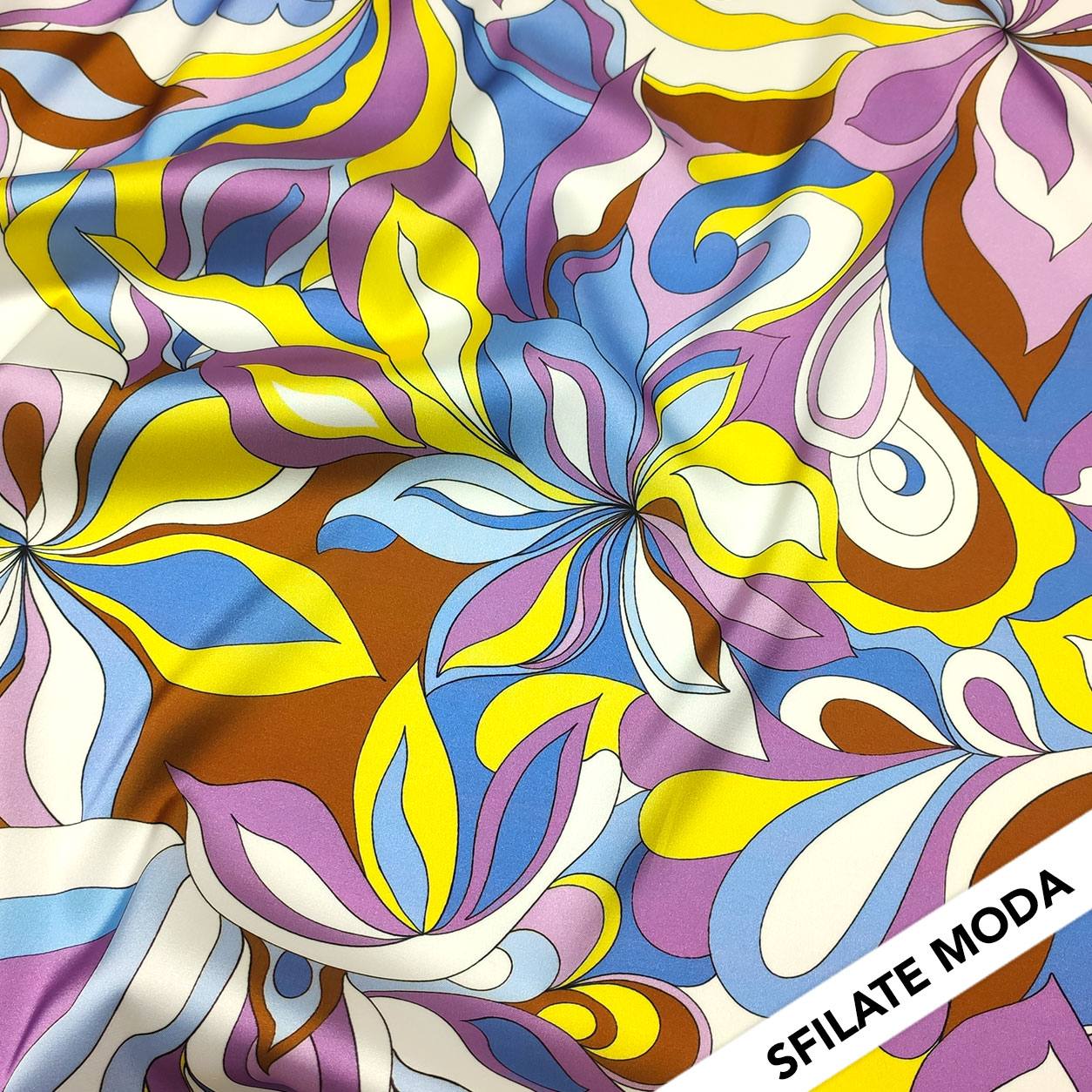 Rasetto Elasticizzato Setato Moda Fiori Astratti Lilla e Giallo