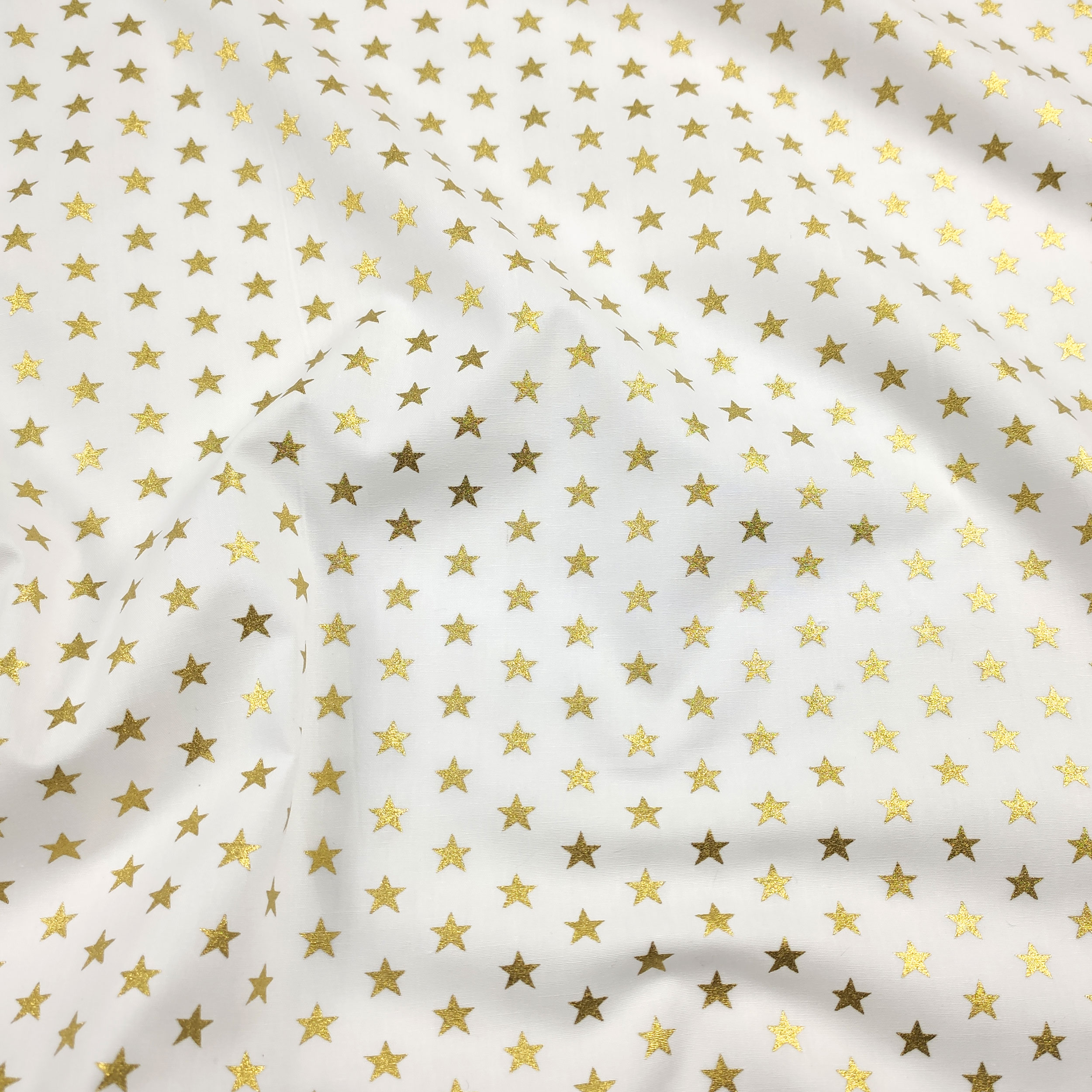 Tessuto Cotone Stelle Lurex Oro Sfondo Bianco